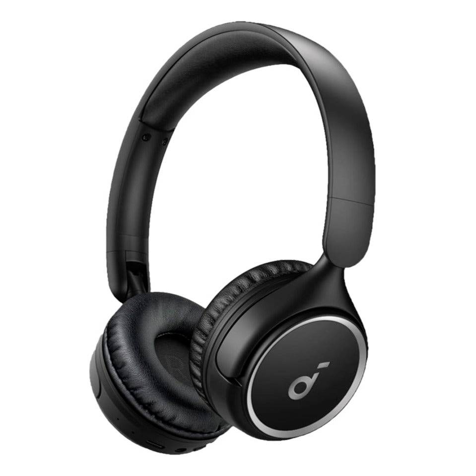 Schwarze kabellose Over-Ear-Kopfhörer mit gepolsterten Ohrmuscheln und verstellbarem Kopfbügel, dargestellt vor weißem Hintergrund.