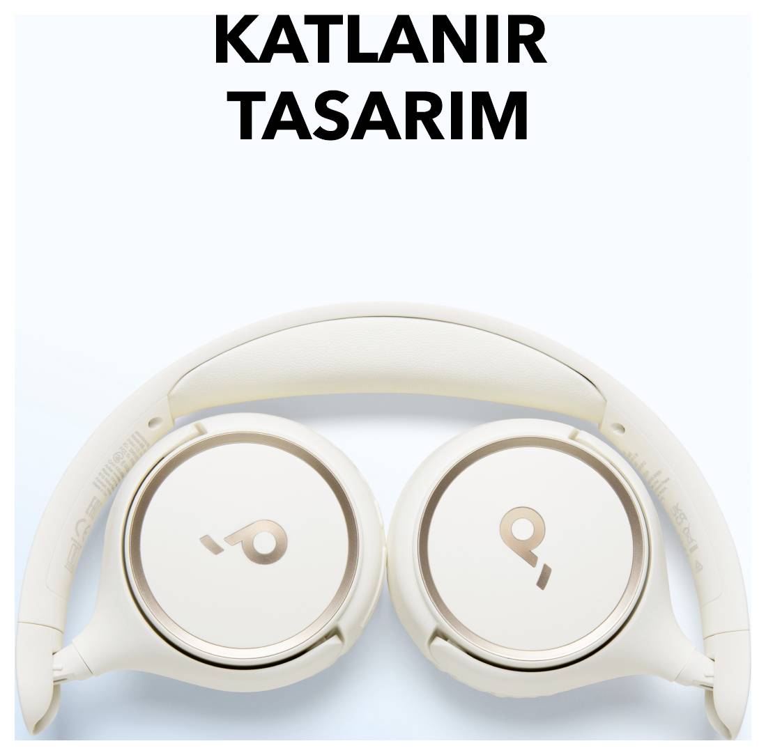 Faltbares Kopfhörerdesign mit dem Text 'KATLANIR TASARIM' über einem weißen Over-Ear-Kopfhörer, der flach zusammengeklappt gezeigt wird.