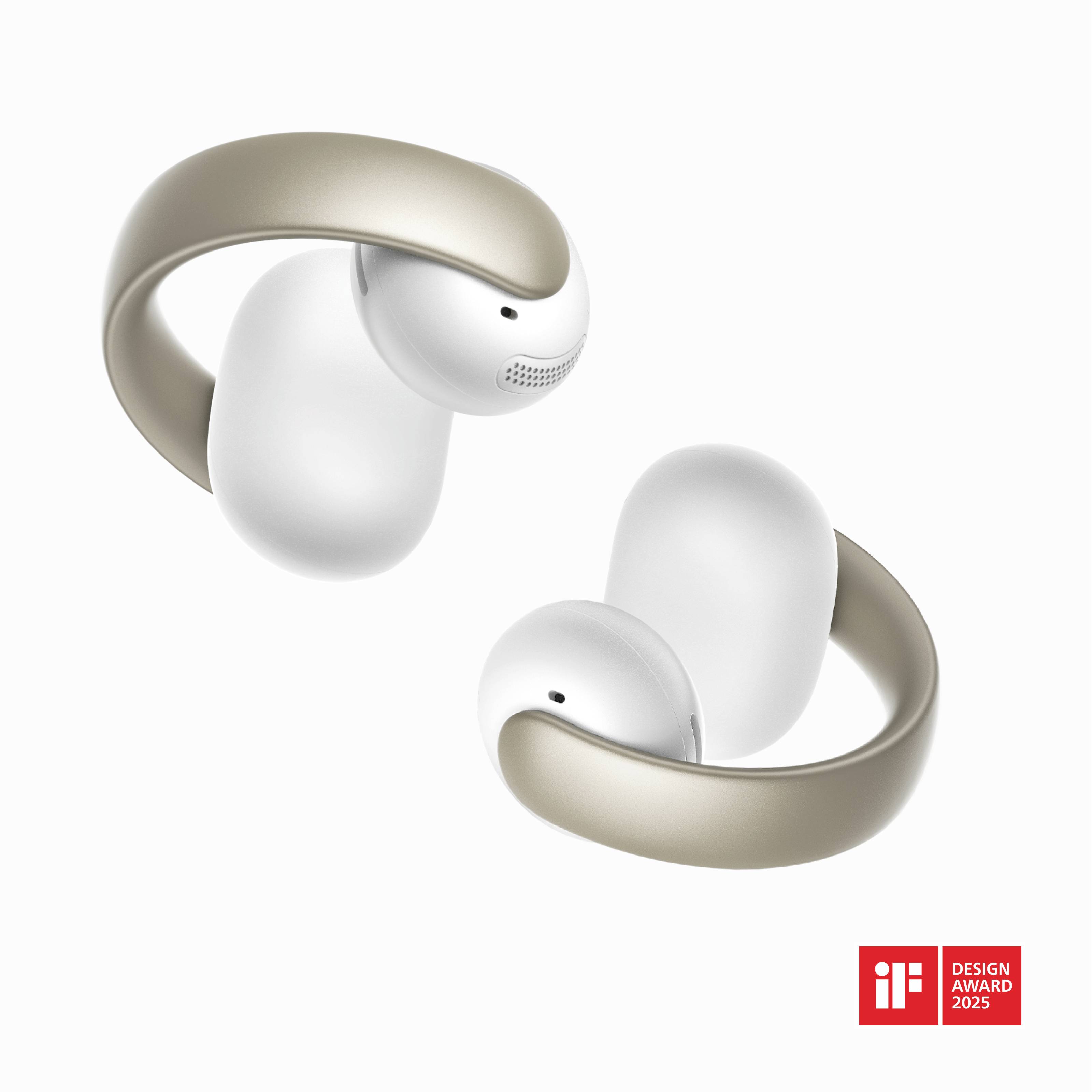 Zwei weiß-goldene kabellose Ohrhörer auf weißem Hintergrund dargestellt, mit einem kleinen roten „iF DESIGN AWARD 2025
