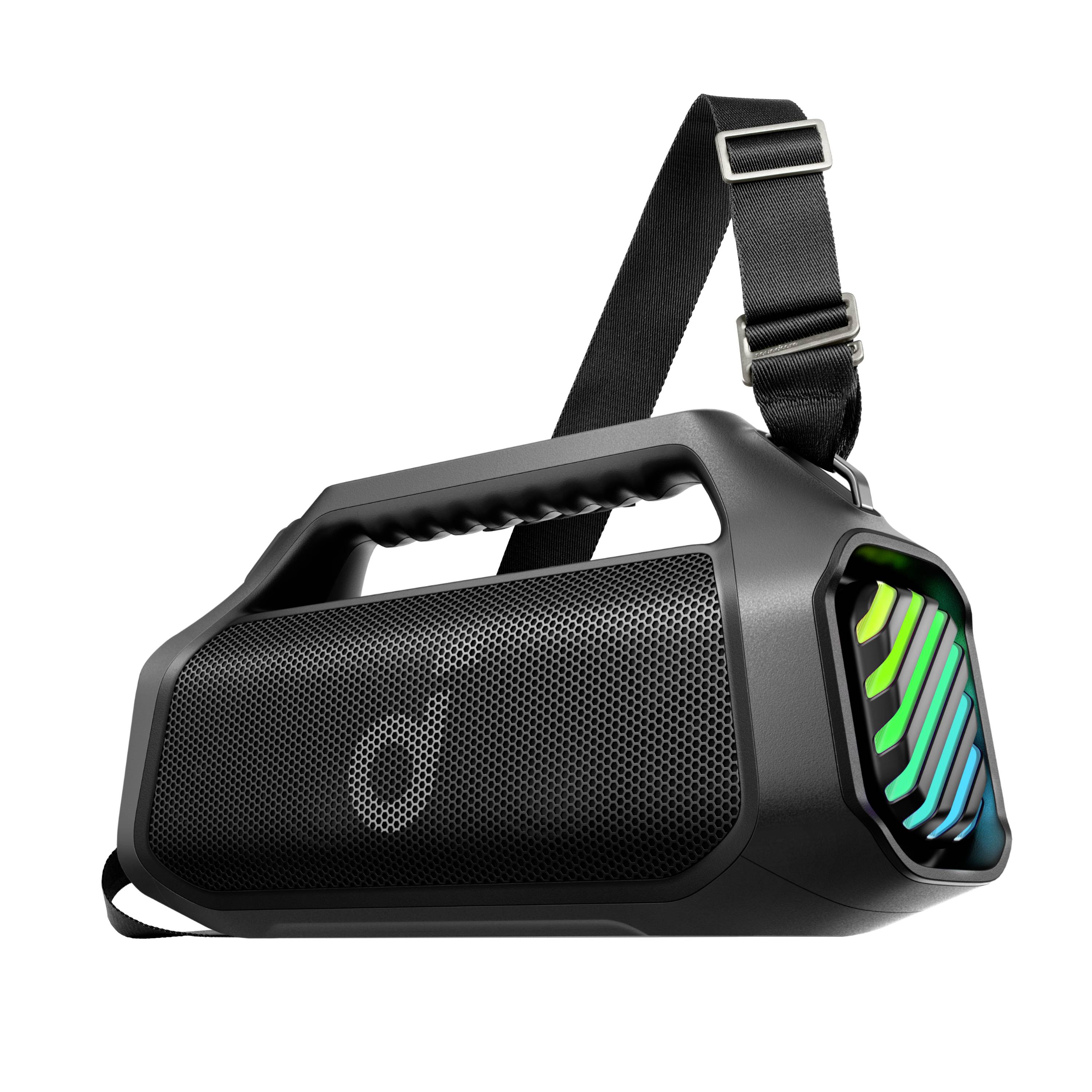 Schwarzer tragbarer Bluetooth-Lautsprecher mit Schultergurt und RGB-Lichtakzenten an der Seite