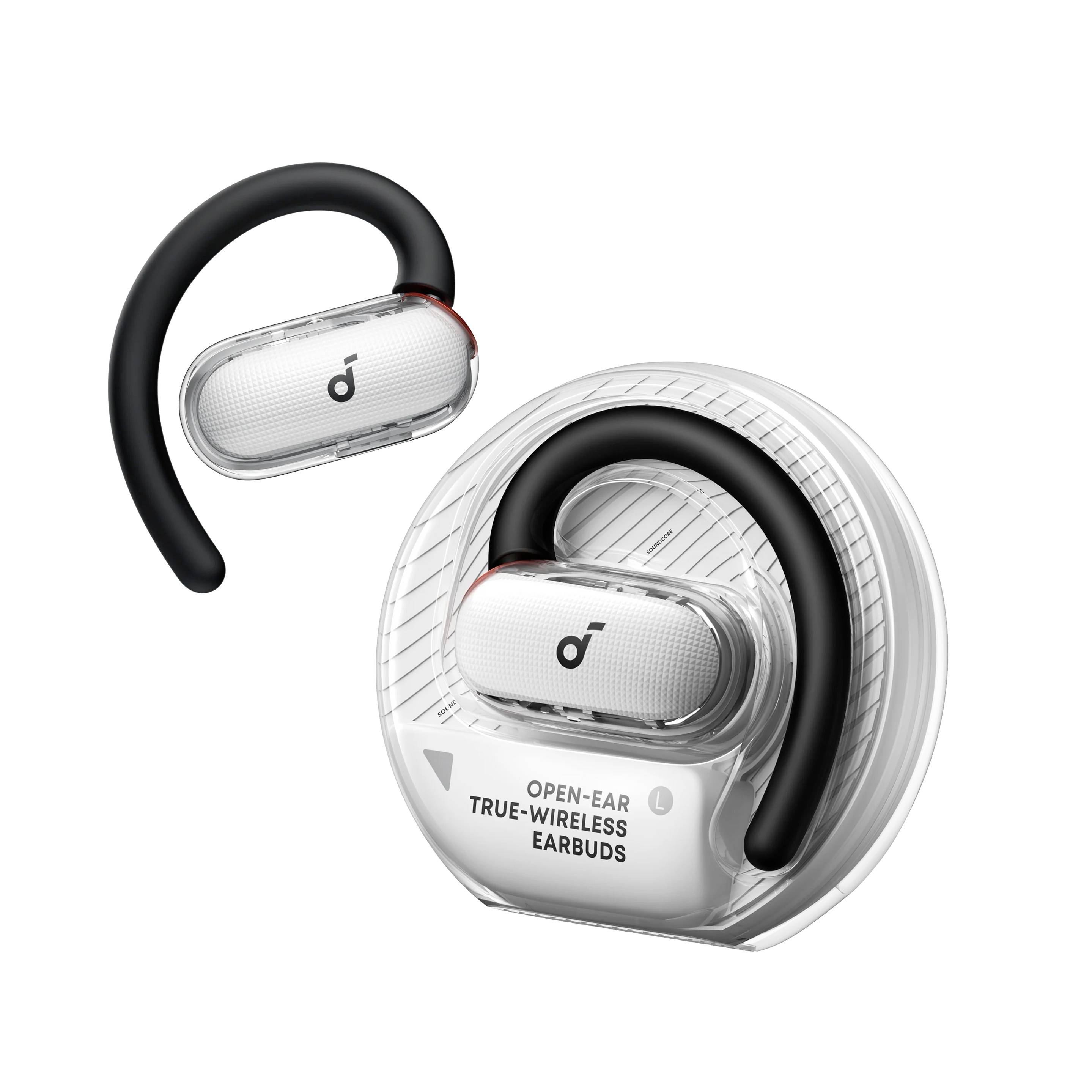 Open-Ear True-Wireless Earbuds mit schwarzen Ohrbügeln, dargestellt neben einem durchsichtigen Ladeetui mit der Aufschrift „OPEN-EAR TRUE-WIRELESS EARBUDS