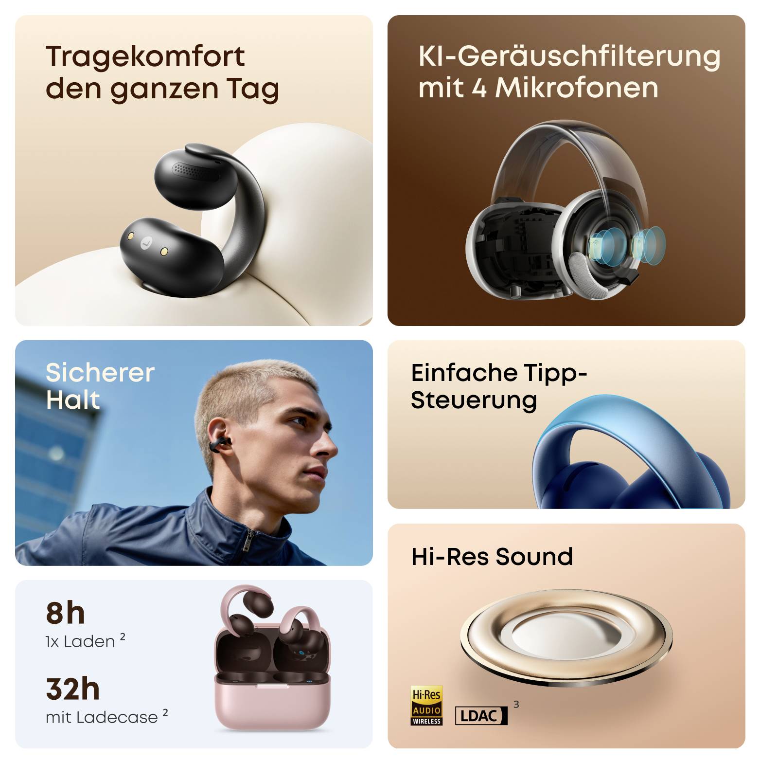 Werbegitter für kabellose Ohrhörer mit ganztägigem Komfort, KI-Geräuschfilterung mit 4 Mikrofonen, sicherer Passform, einfacher Tap-Steuerung, 8-Stunden-Akku und Hi-Res-Sound.