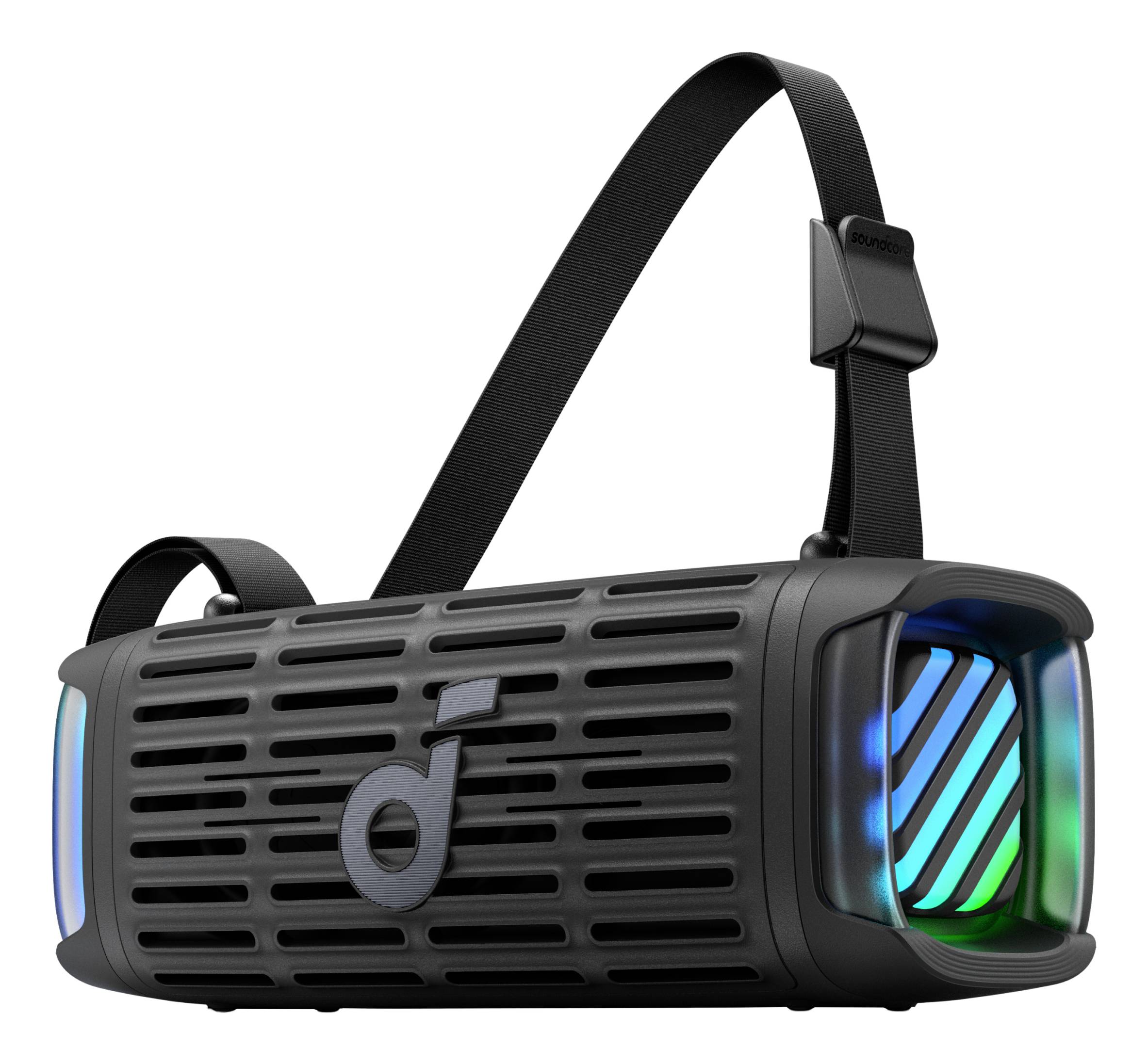 Tragbarer schwarzer Bluetooth-Lautsprecher mit Schultergurt und leuchtenden blaugrünen Frontgitter-Akzenten auf weißem Hintergrund.