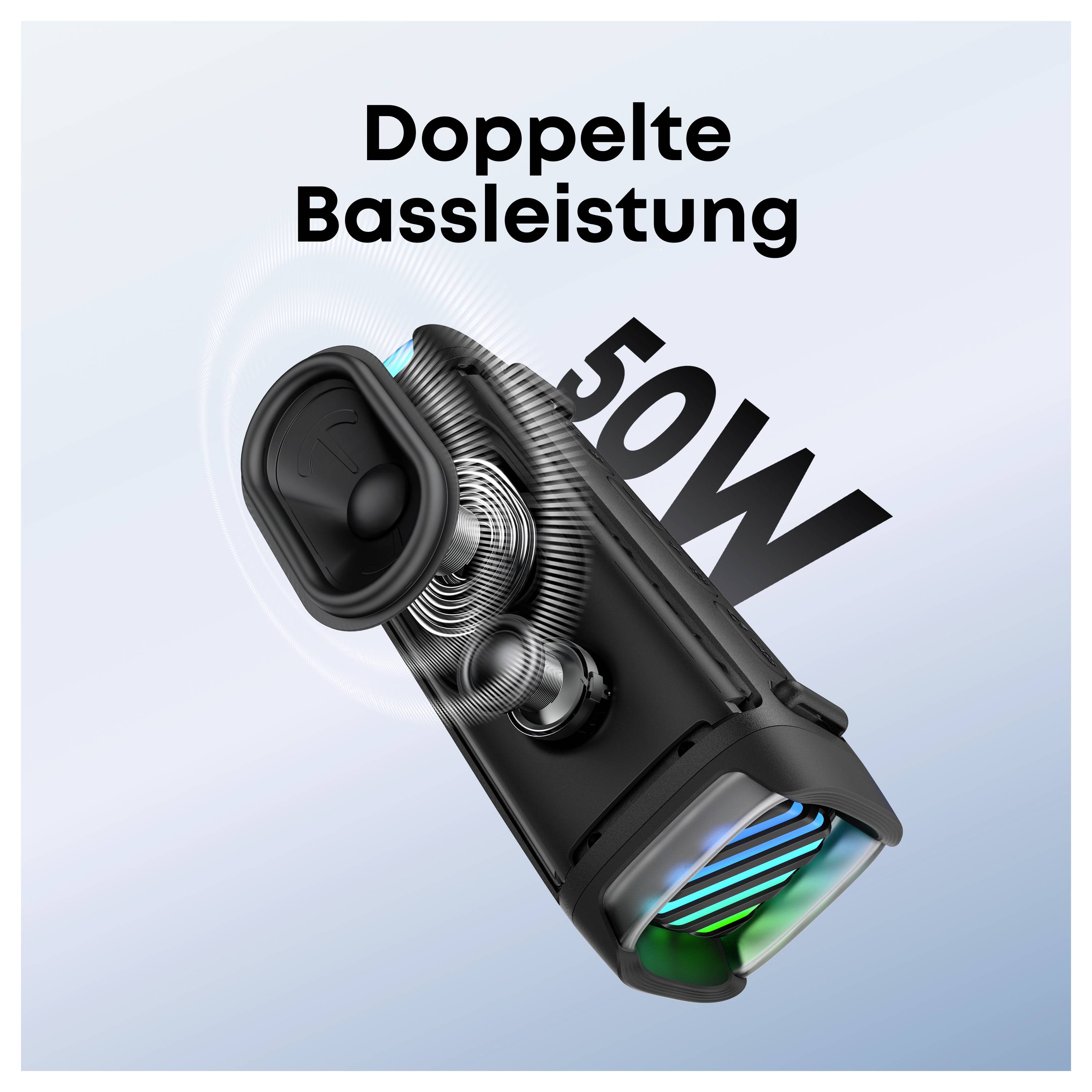 Marketinggrafikdesign eines schwarzen Geräts mit den Bezeichnungen „Doppelte Bassleistung