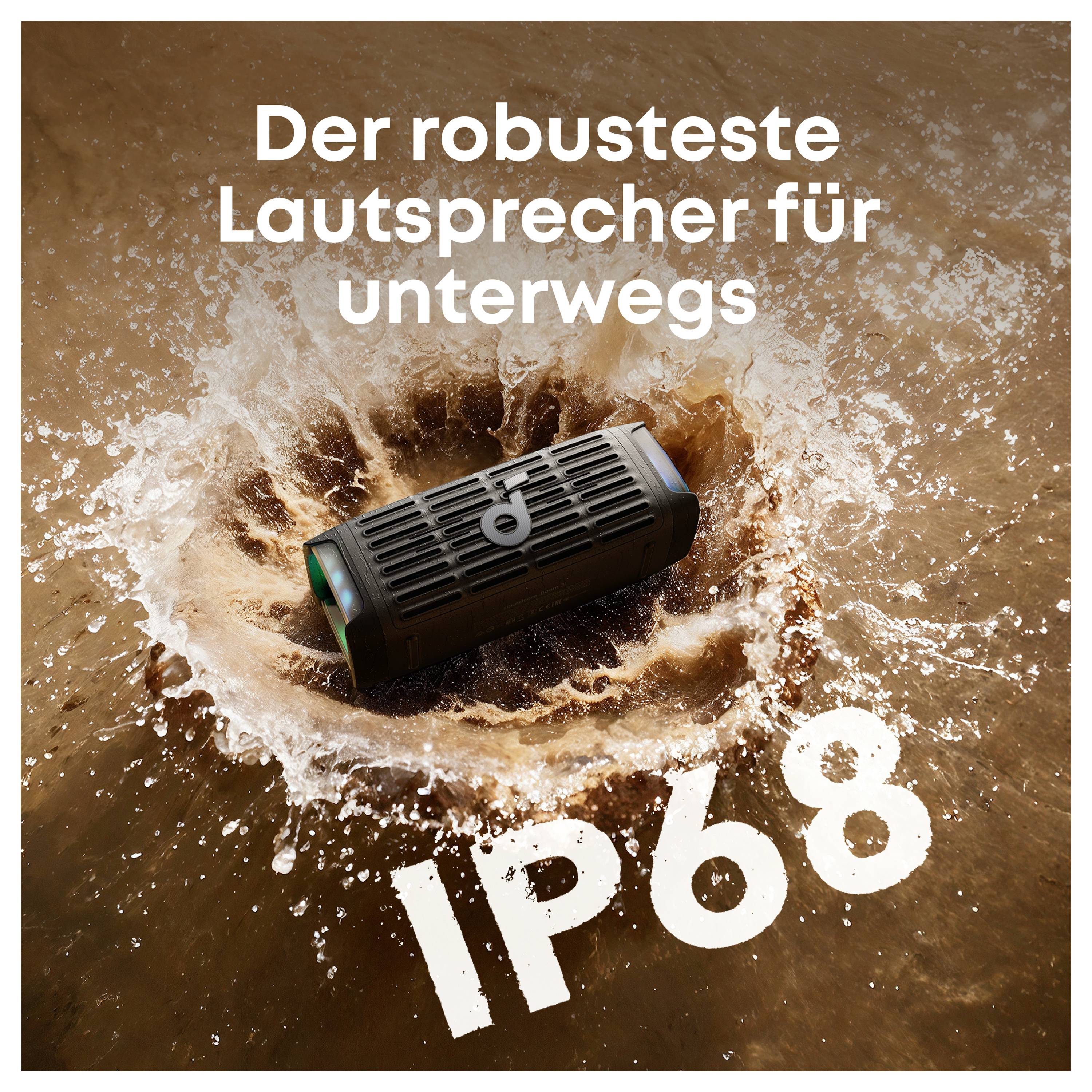 Tragbarer schwarzer Lautsprecher, der durch Wasser spritzt, mit dem Text „Der robusteste Lautsprecher für unterwegs