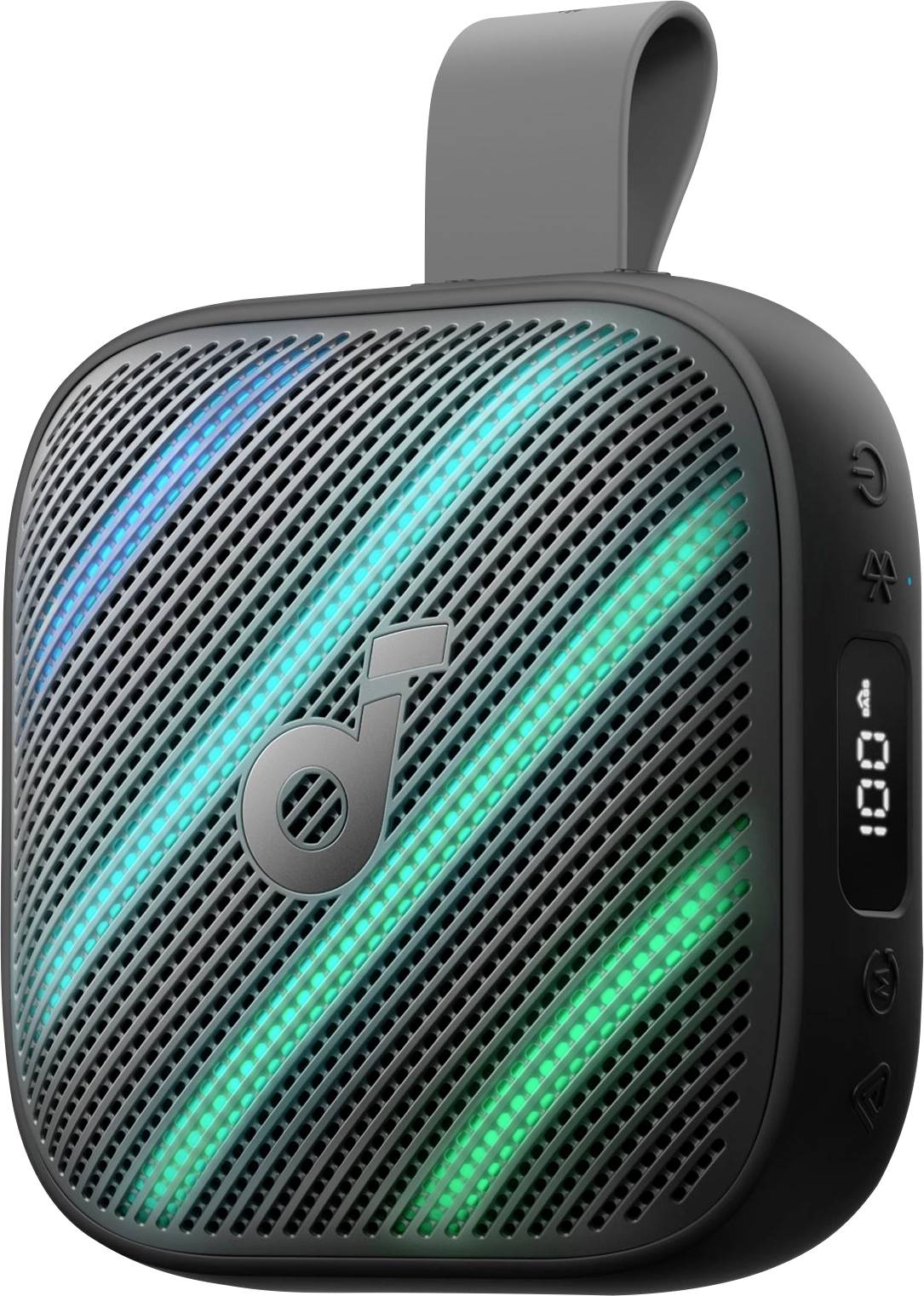 Tragbarer schwarzer Bluetooth-Lautsprecher mit Riemen, perforiertem Gitter, blaugrünen Lichtstreifen und einem kleinen seitlichen Display mit der Anzeige „10:01