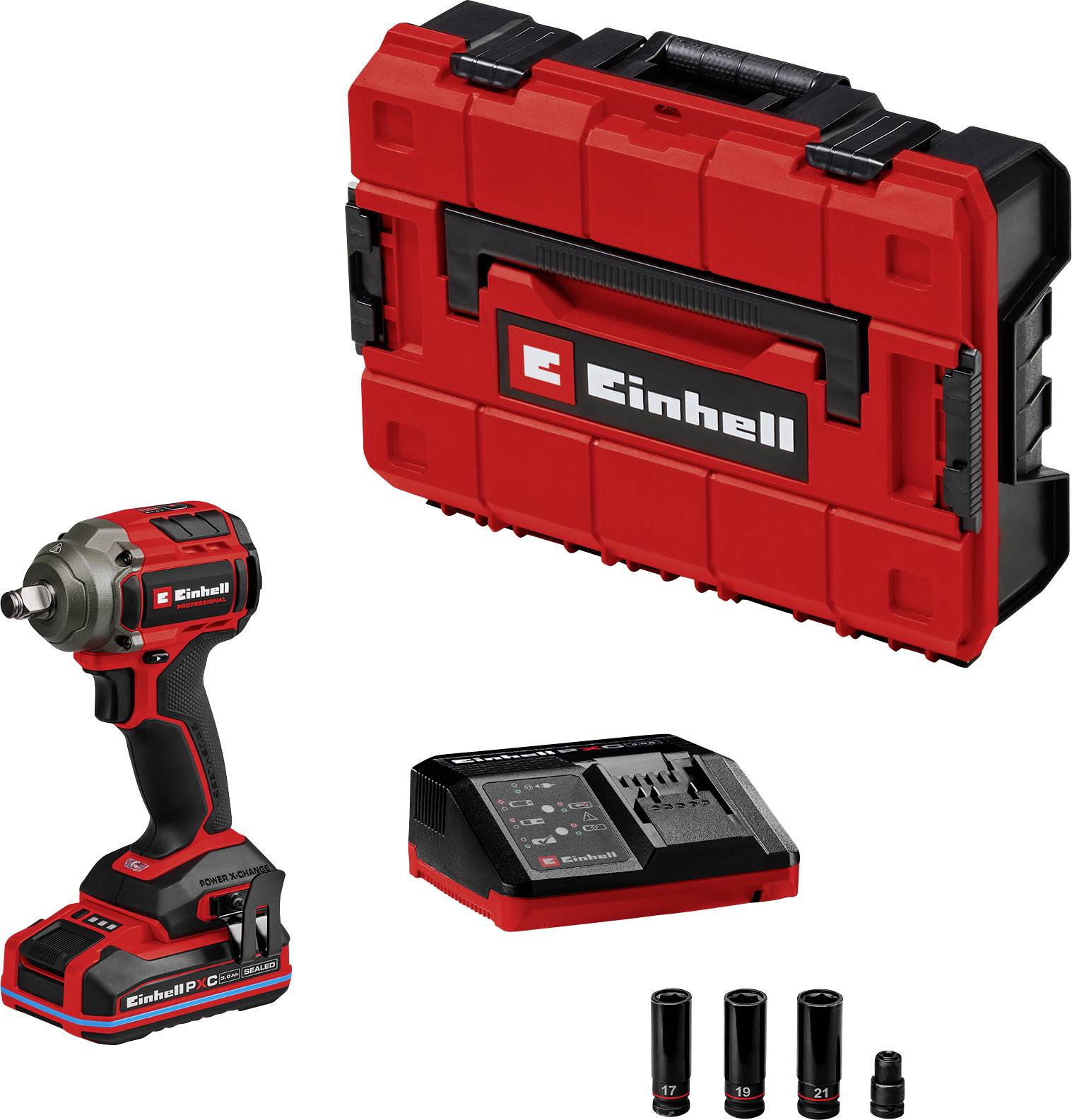 Einhell Akku-Schlagschrauber-Set mit Akku, Ladegerät, Transportkoffer und Stecknussadaptern auf weißem Hintergrund dargestellt.