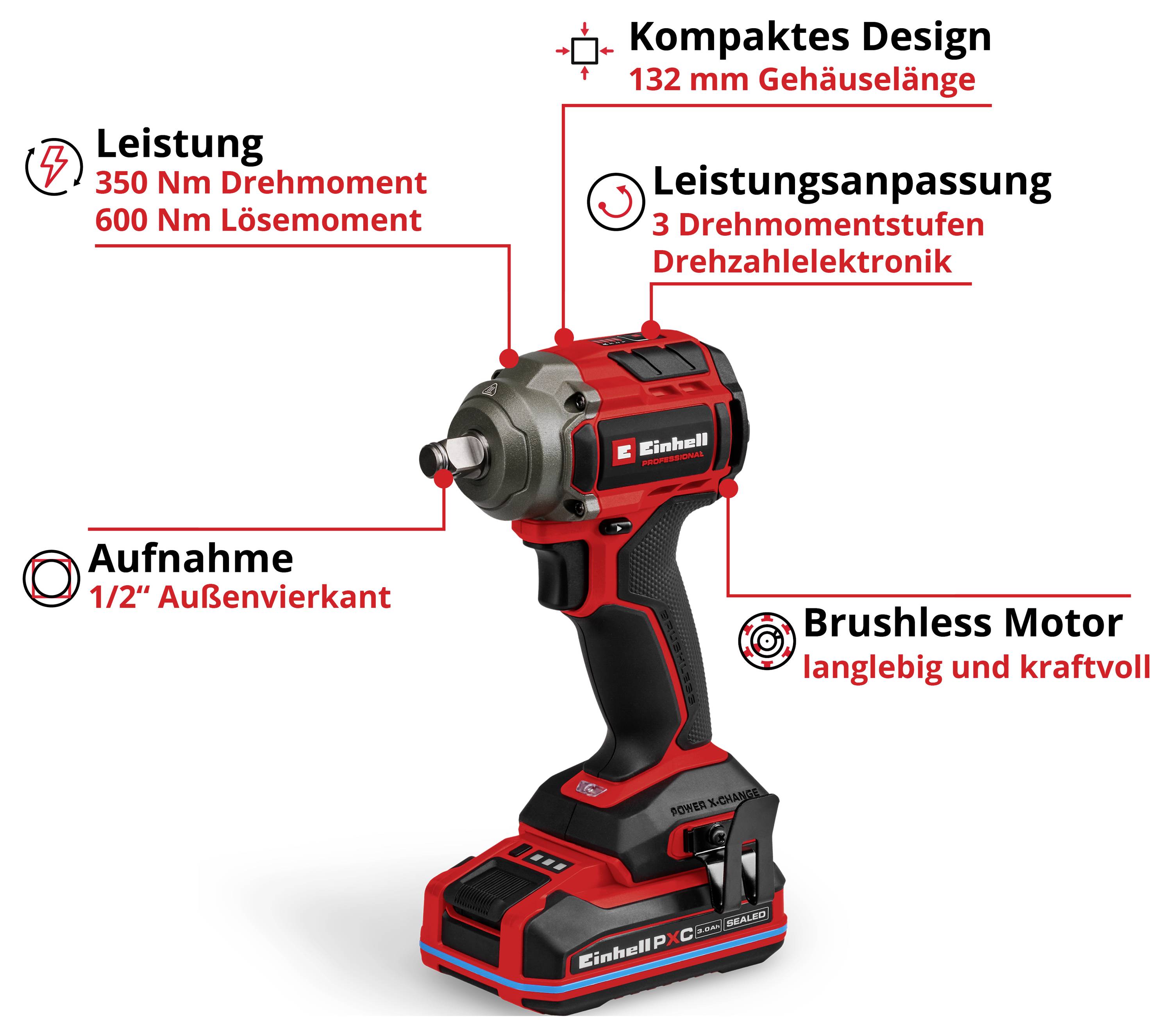 Produktgrafik eines Akku-Schlagschraubers mit hervorgehobenen Merkmalen: 350 Nm Drehmoment, 600 Nm Losdrehmoment, 132 mm Gehäuselänge, 3 Drehzahlstufen, 1/2
