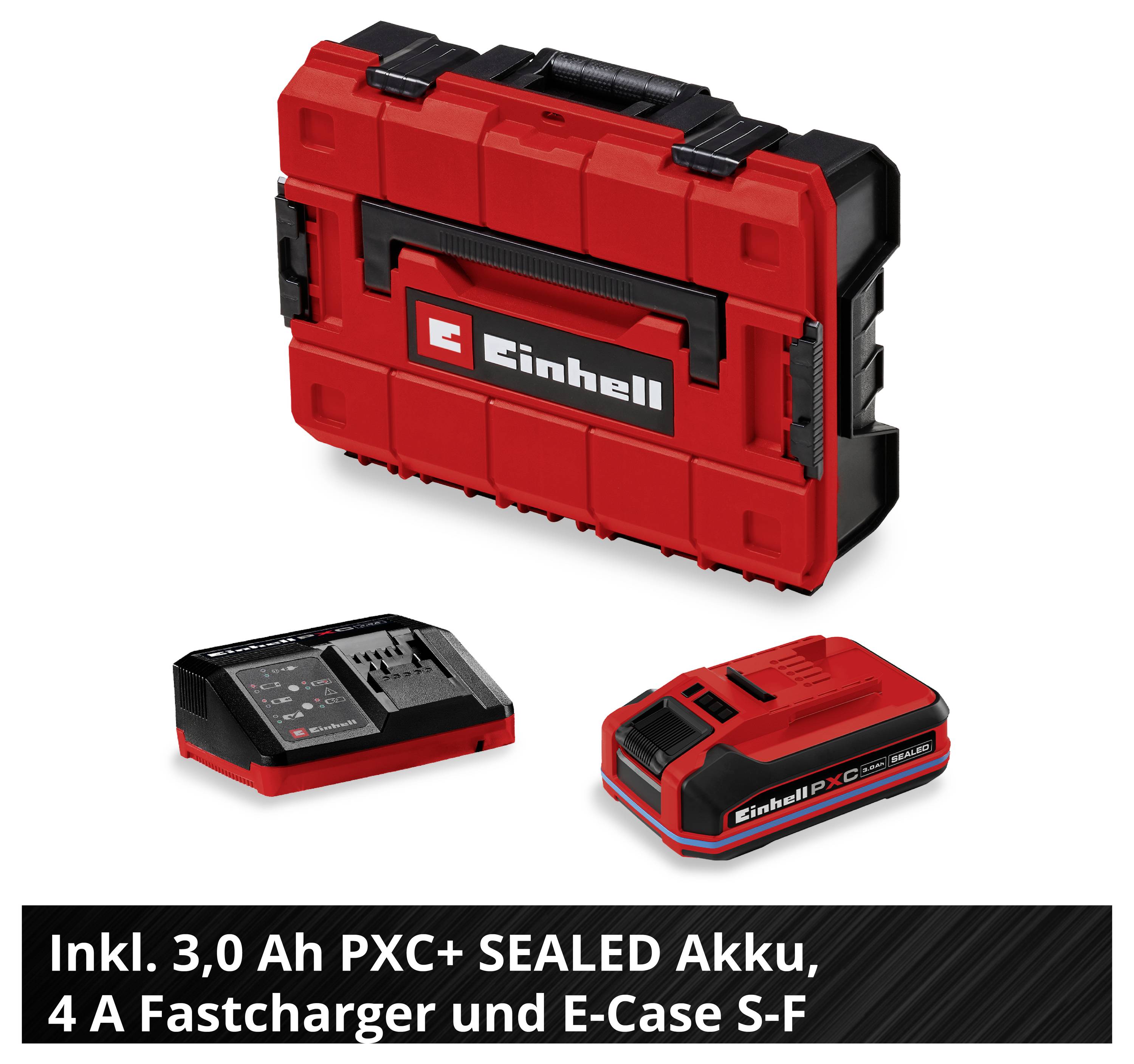 Einhell E-Case S-F mit 3,0-Ah PXC+ SEALED Akku und 4-A-Schnellladegerät; im Bild auch die Akkus und der Koffer.