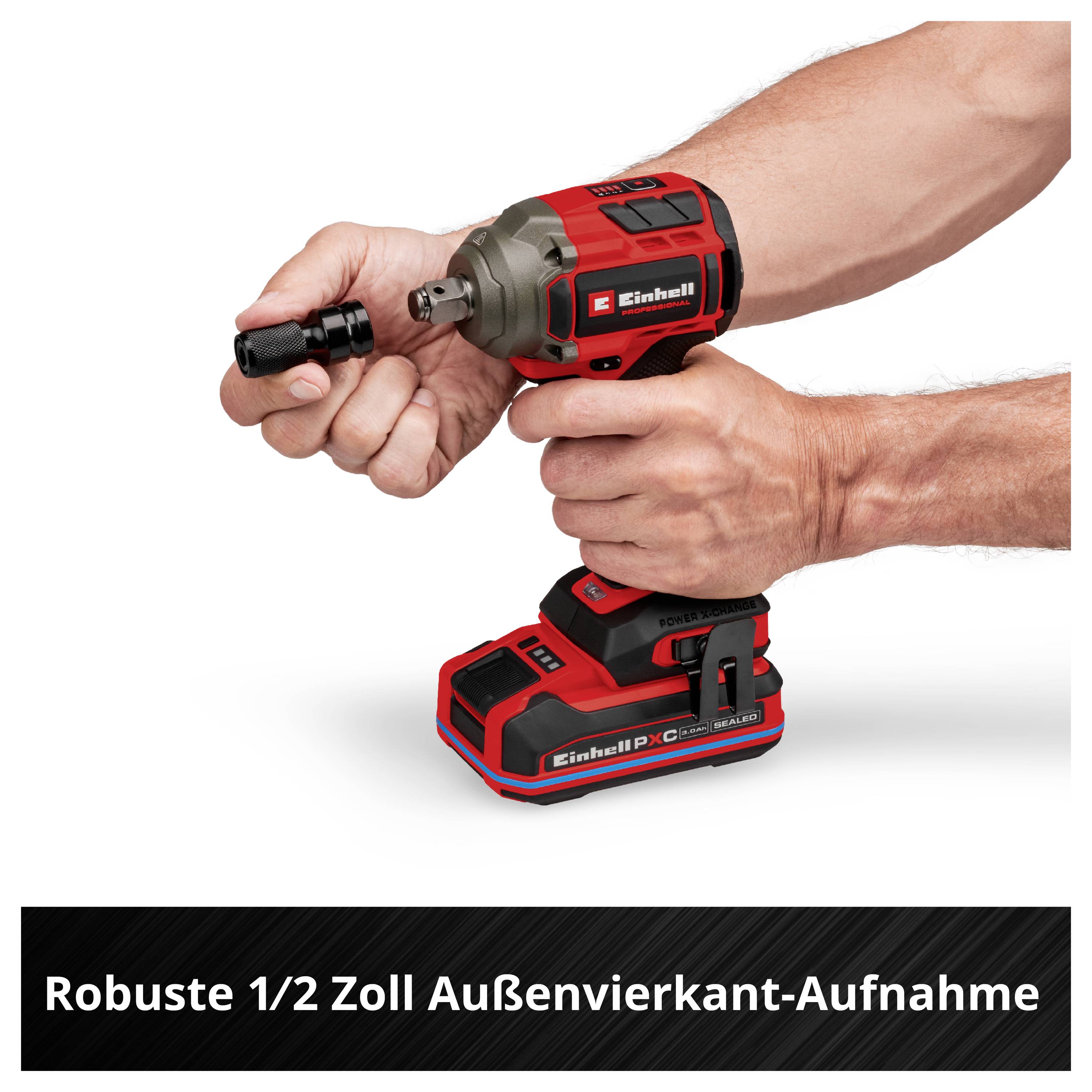 Zwei Hände halten einen roten Akku-Schlagschrauber; darunter steht 'Robuste 1/2 Zoll Außenvierkant-Aufnahme'.
