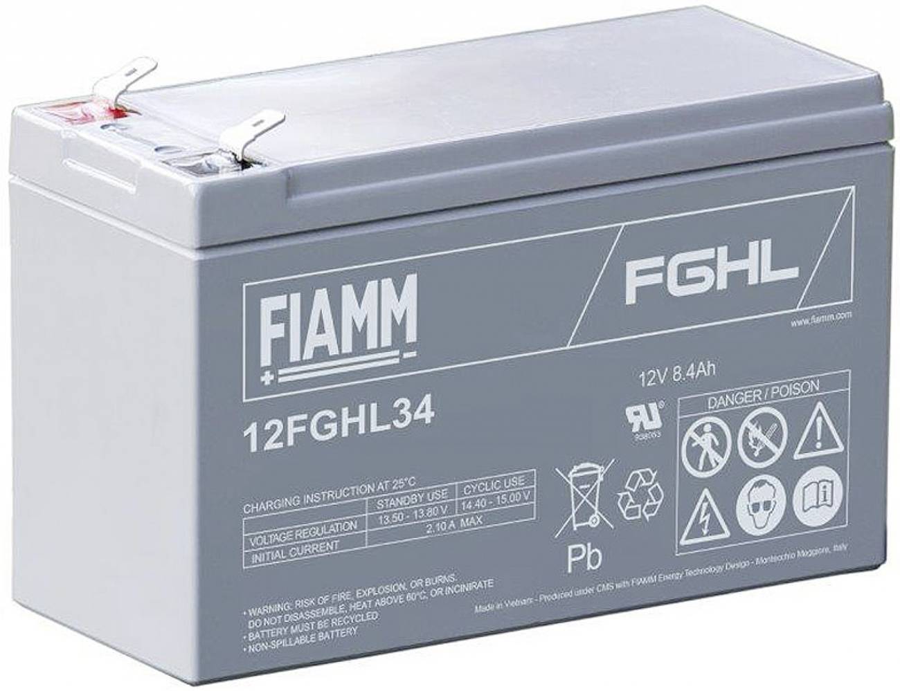Graue FIAMM 12FGHL34 12V 8,4Ah versiegelte Blei-Säure-Batterie mit Polklemmen oben und Gefahrensymbolen.