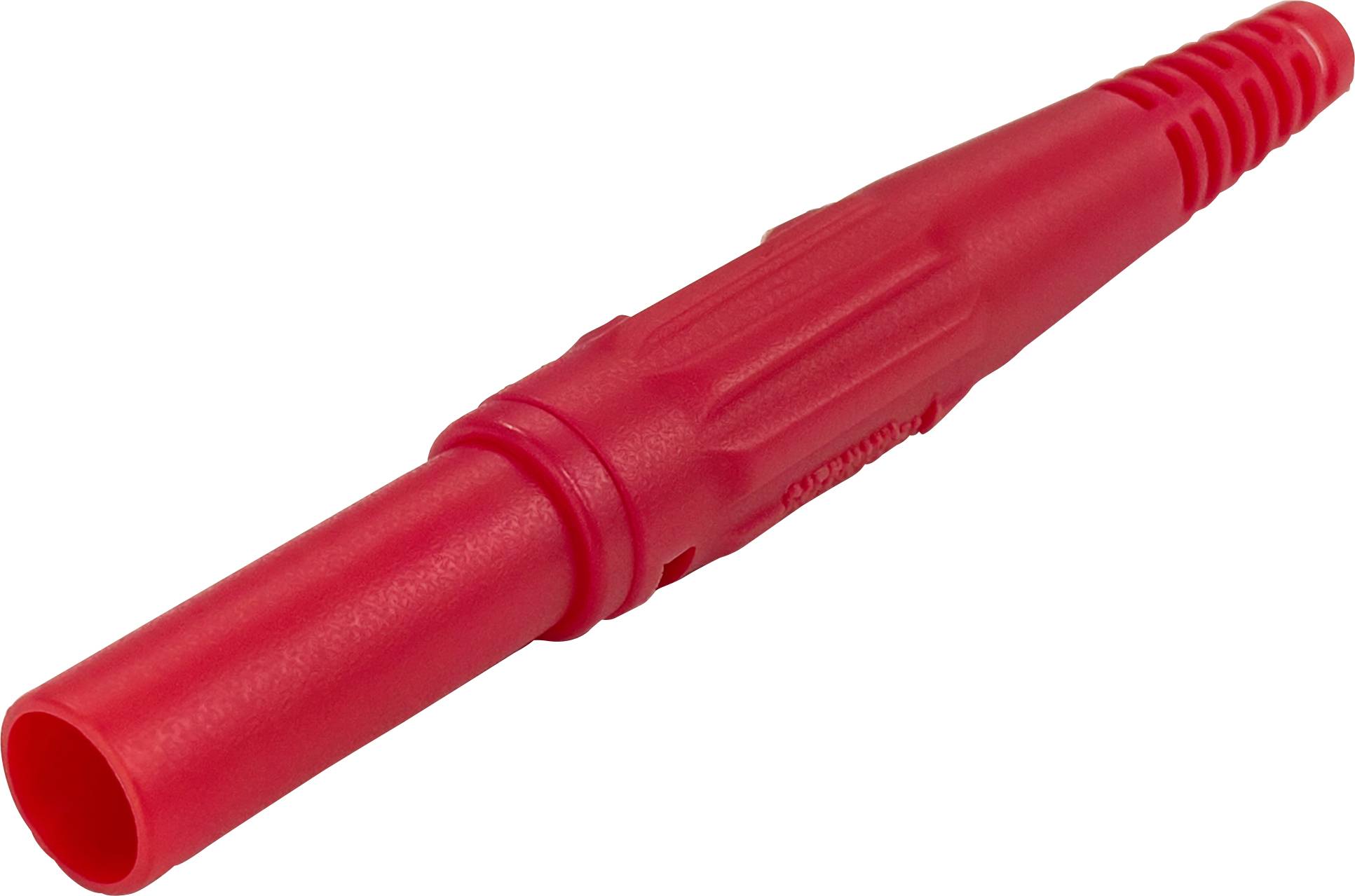 Roter Kunststoffrohrverbinder mit gerilltem Griff, auf weißem Hintergrund dargestellt.
