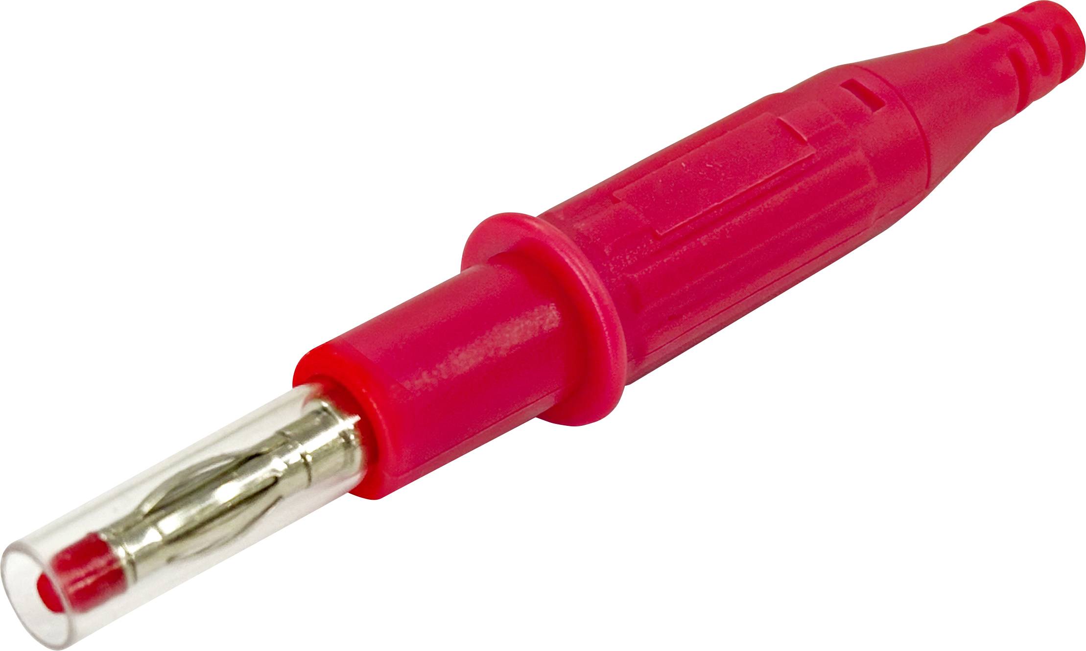 Roter isolierter Bananenstecker mit Metallverbinder, gezeigt auf weißem Hintergrund.