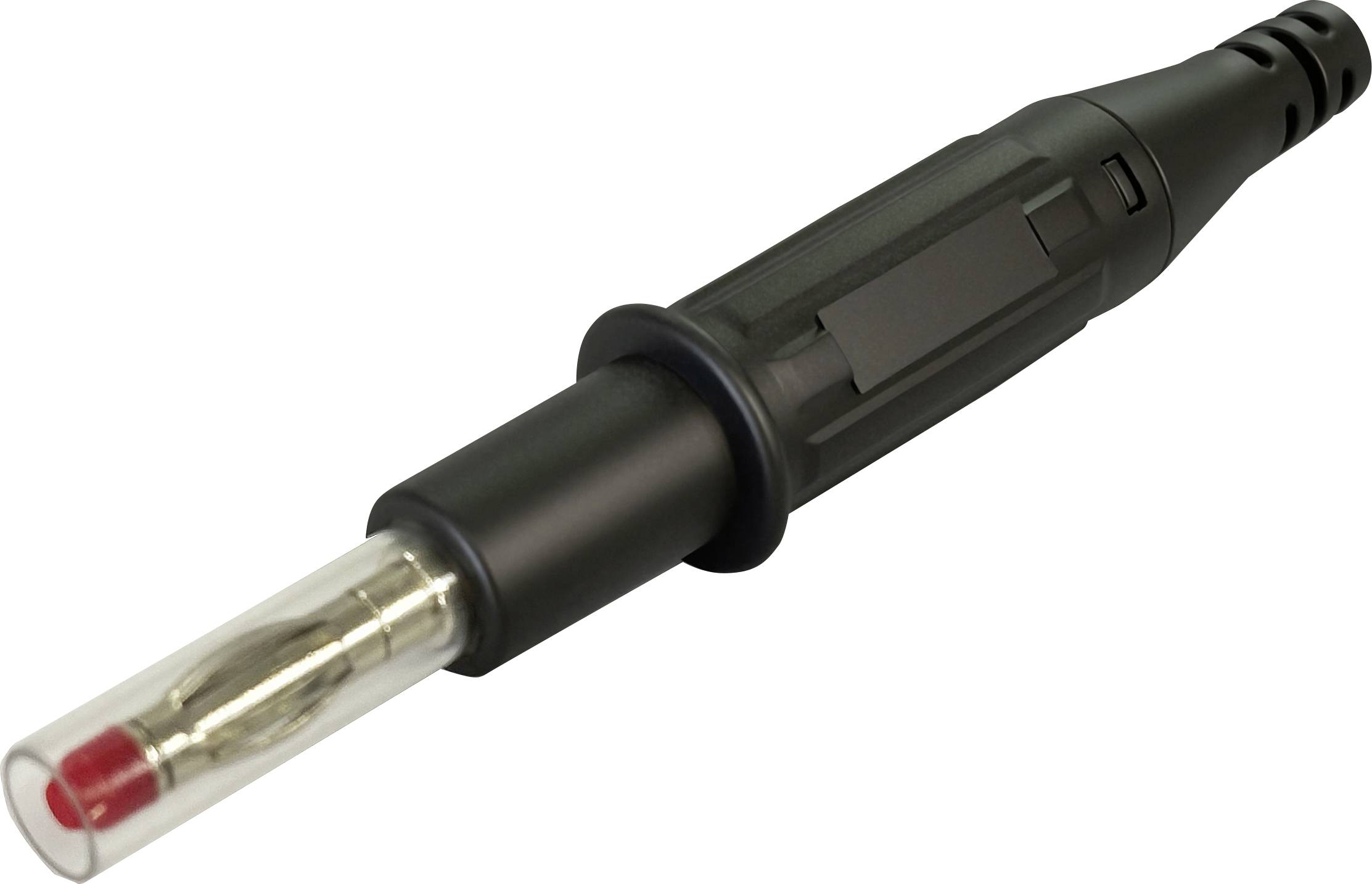 Schwarze tragbare Sonde mit durchsichtiger Spitze und rotem Sensor, isoliert auf weißem Hintergrund dargestellt.