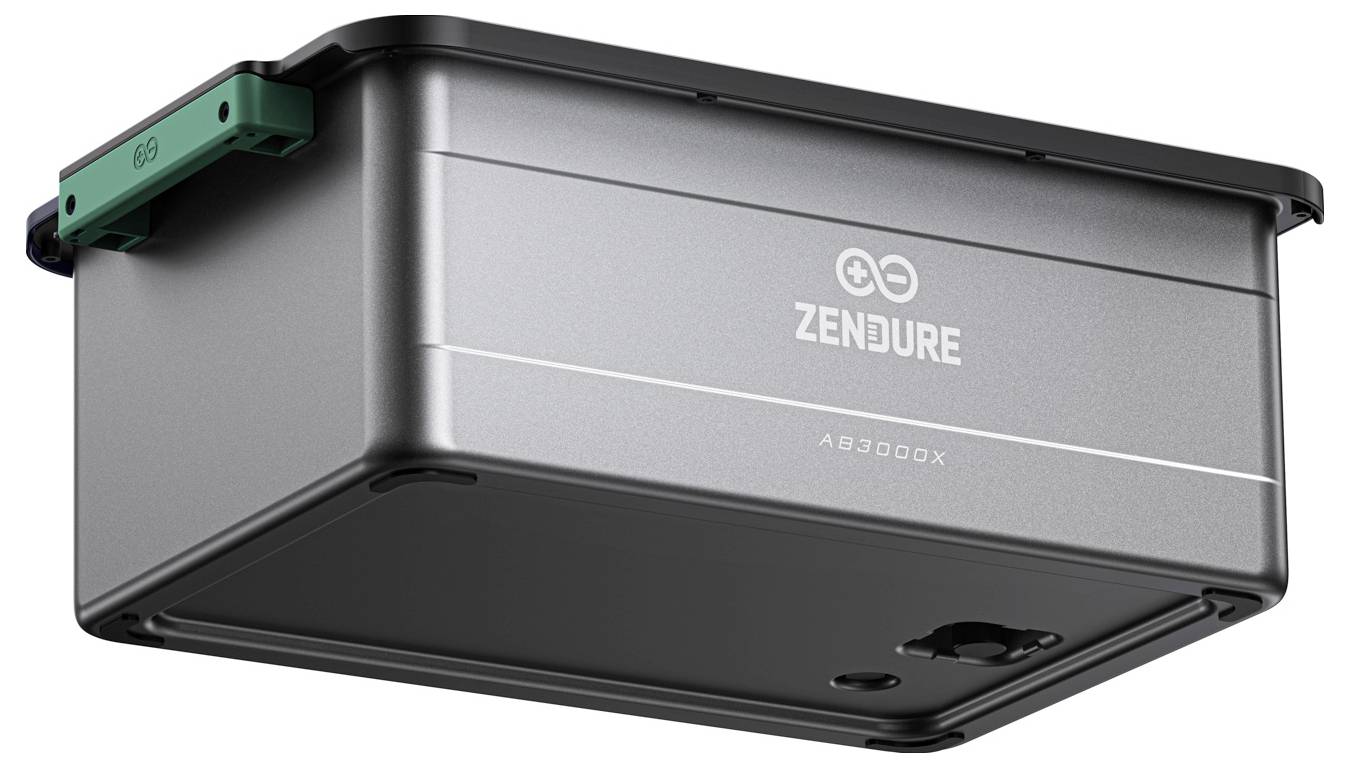 Schwarze tragbare ZENDURE-Stromstation in einer produktgestalteten Ansicht mit grünen Seitenelementen und kompaktem rechteckigem Design.