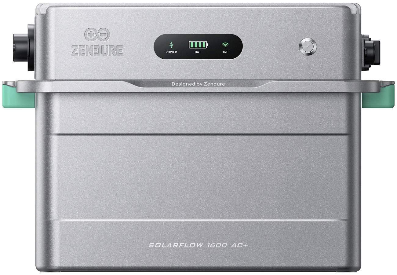 Vorderansicht einer silbernen Zendure SolarFlow 1600 AC+ Batterieeinheit mit Stromanzeige-, Batterie- und WLAN-Statusindikatoren sowie Seitenschnittstellen.