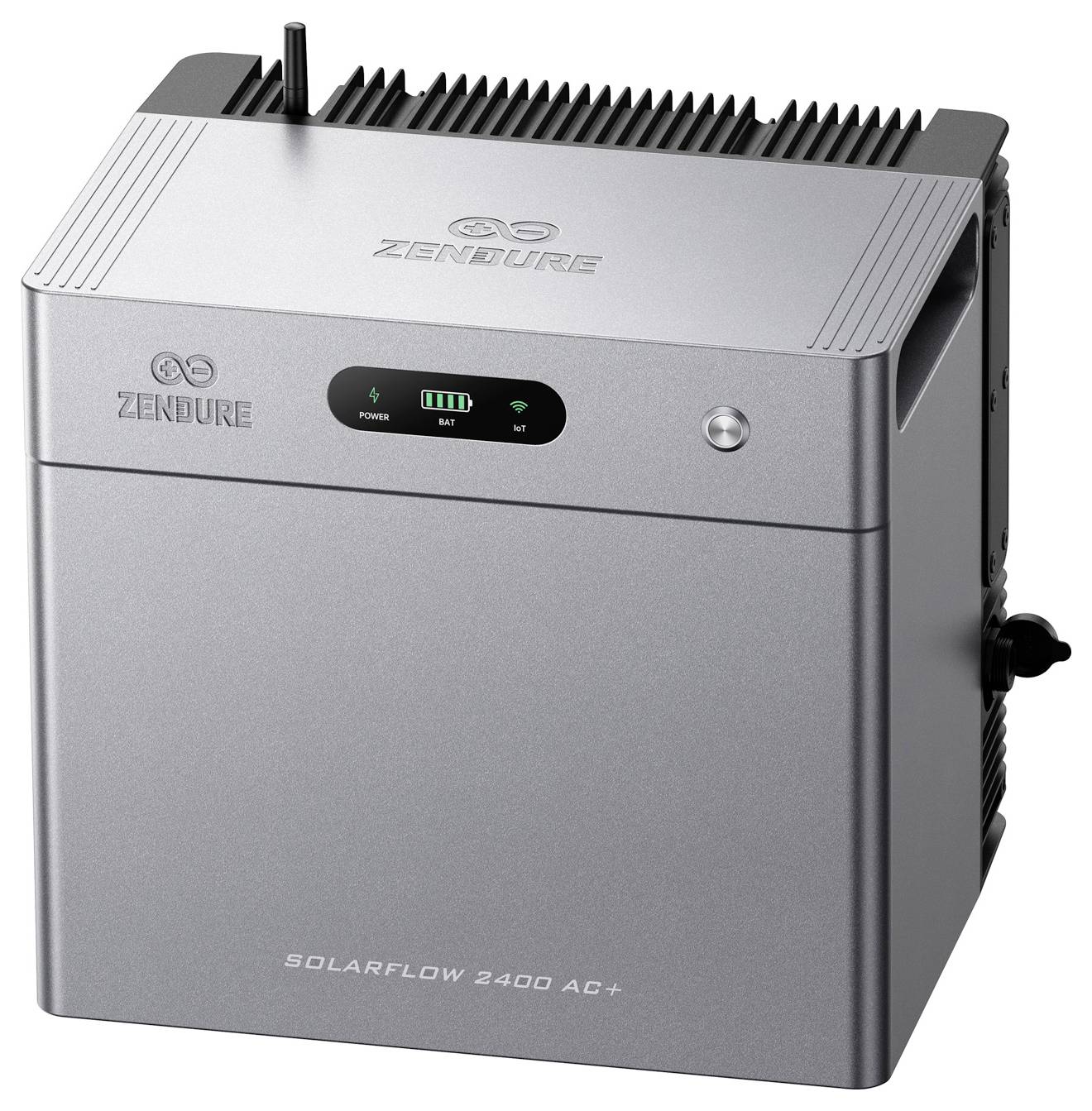 Silber Zendure SolarFlow 2400 AC+ Heimspeichereinheit mit oberen Lüftungsöffnungen und frontalem Statusdisplay mit Stromanzeige-, Batterie- und Wi-Fi-Indikatoren.