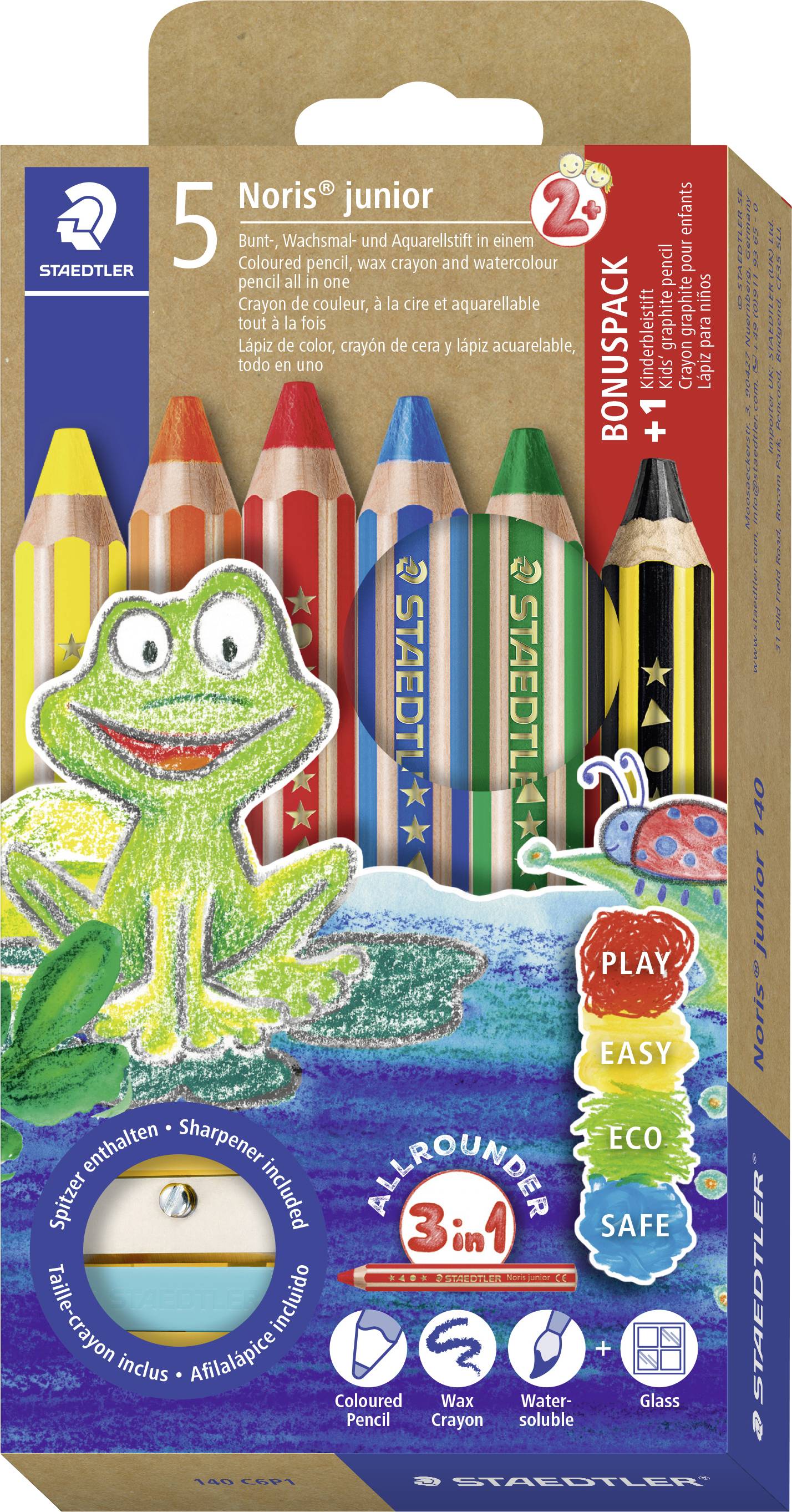 Packung mit STAEDTLER Noris junior 5 dreieckigen Buntstiften mit Frosch- und Marienkäfer-Design, beschriftet mit „BONUSPACK