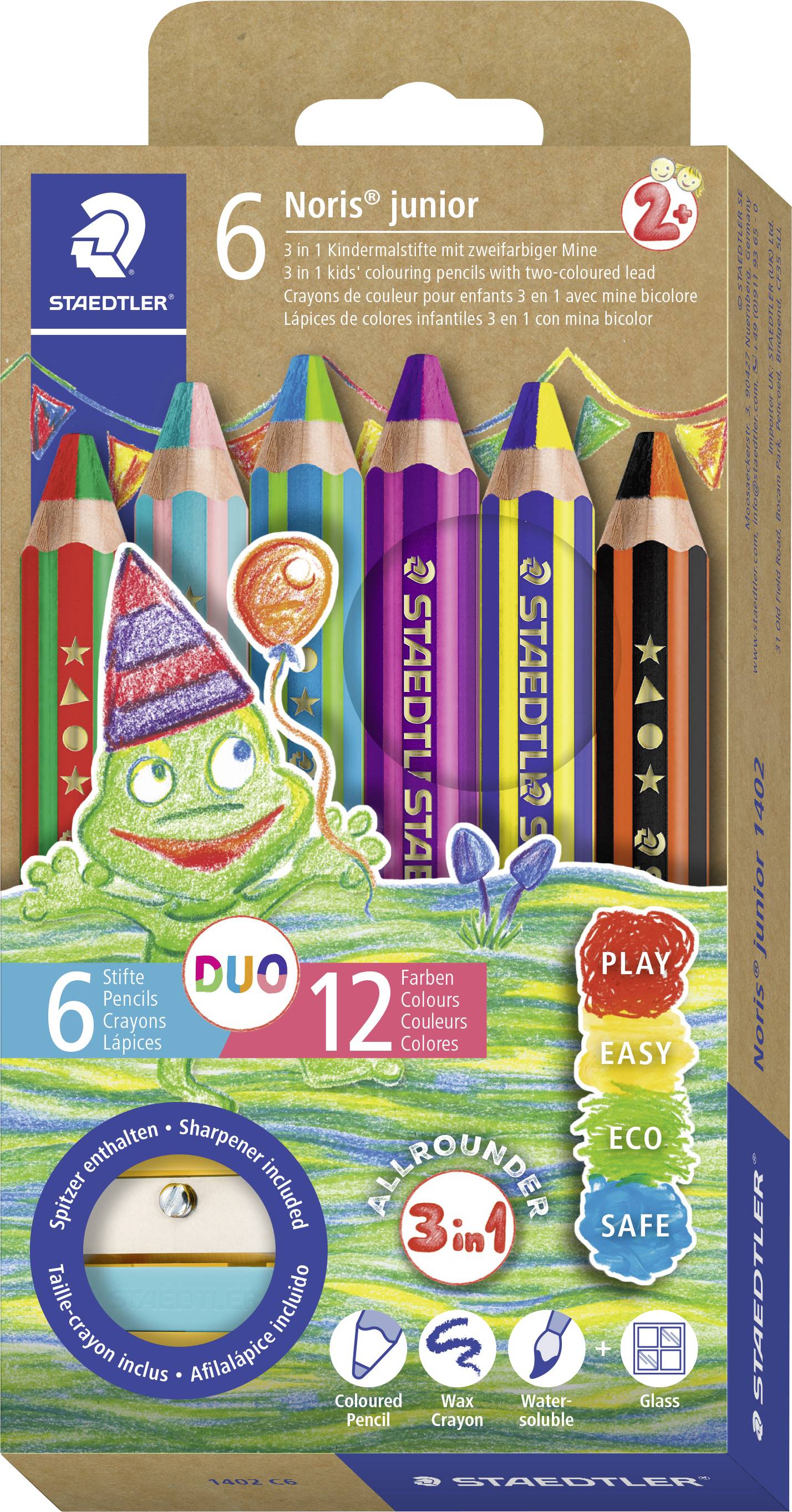 Staedtler Noris Junior Buntstiftset in Einzelhandelsverpackung mit 6 dreieckigen Stiften und 12 Farben, mit „Play Easy Eco Safe