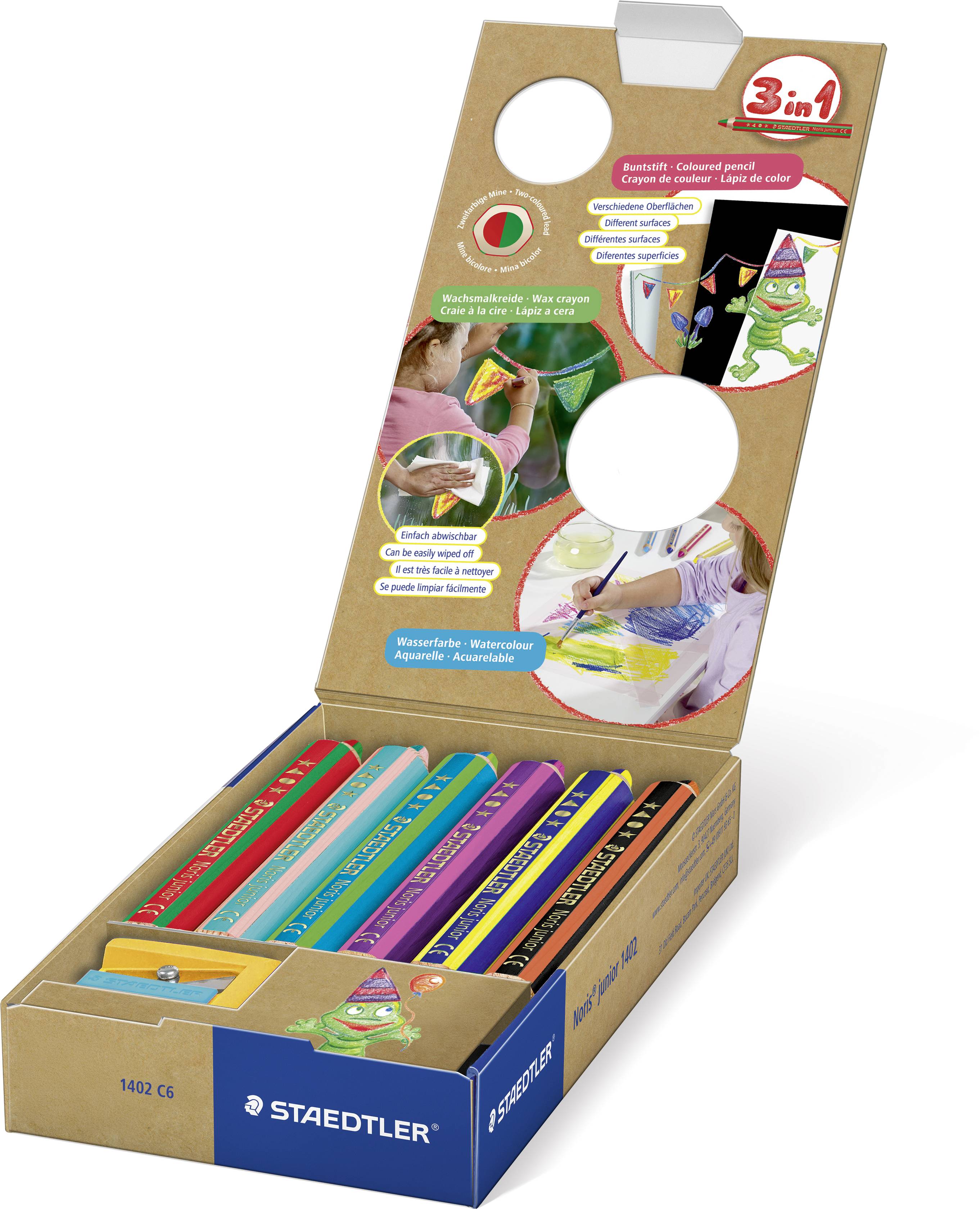 Offene Schachtel STAEDTLER 3-in-1 Buntstiftsatz mit mehrfarbigen Stiften und illustrierten Beispielzeichnungen auf der Verpackung.