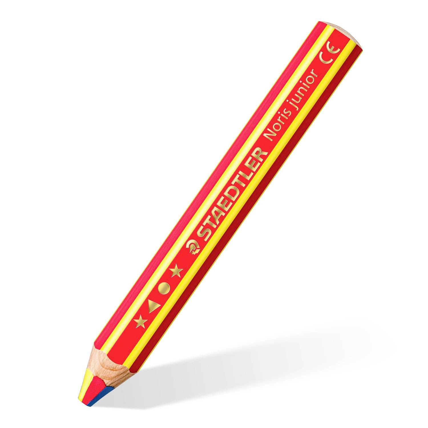 Roter STAEDTLER Noris junior Bleistift mit gelben Streifen und blau-roter Spitze, diagonal auf weißem Hintergrund gezeigt.