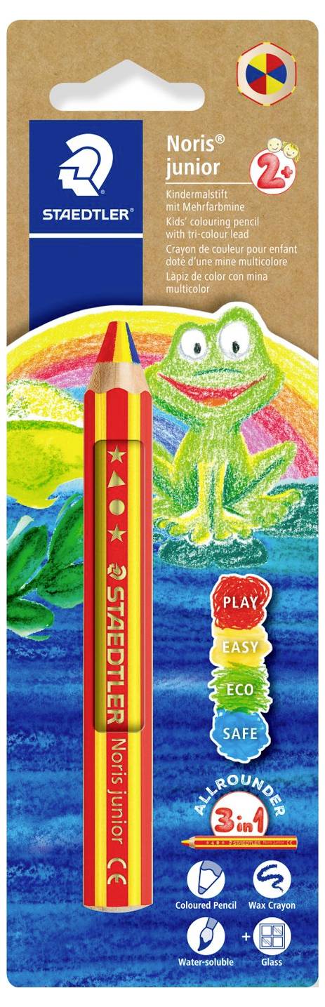 Produktbild eines STAEDTLER Noris junior roten Buntstifts mit Froschillustration auf der Verpackung, „3 in 1