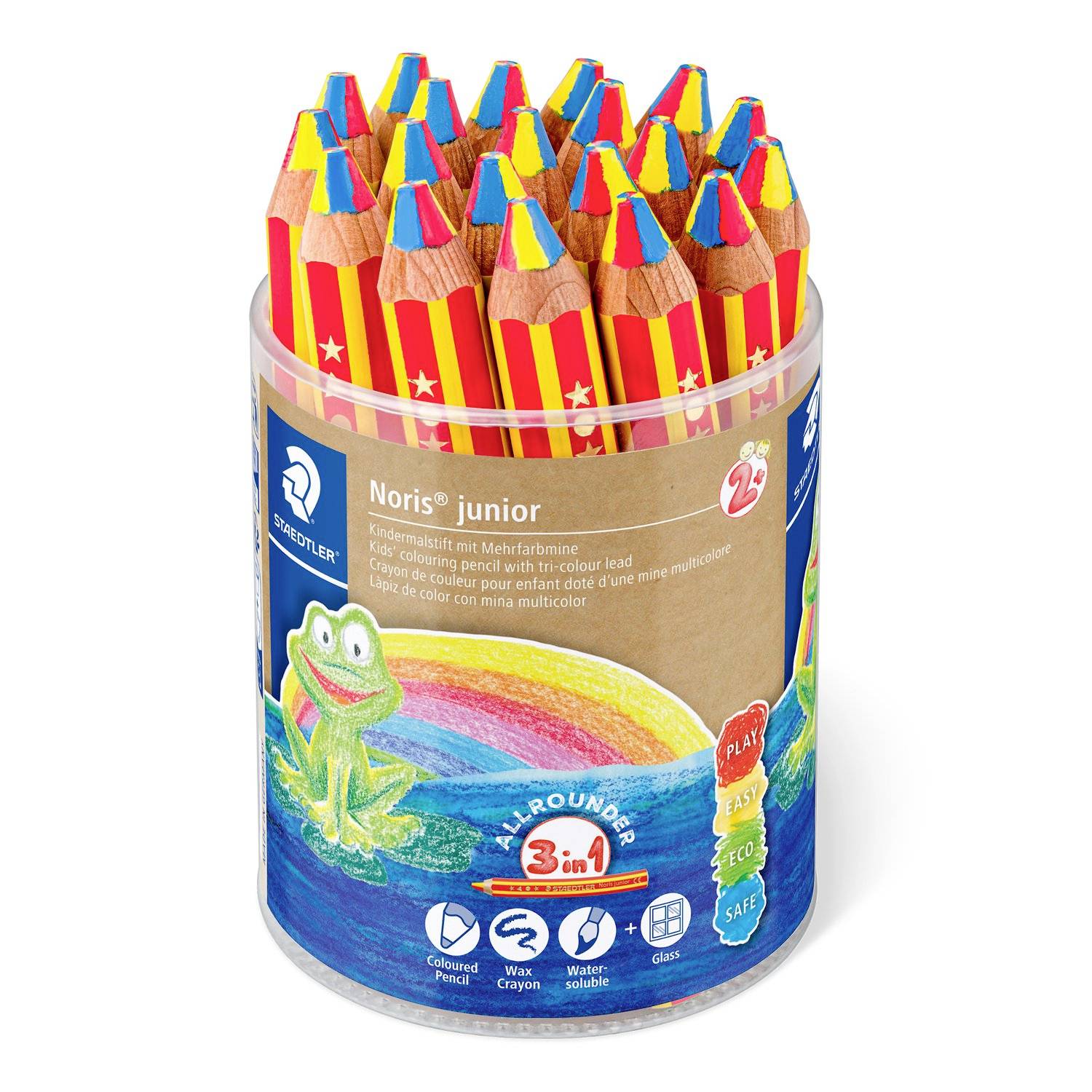 Behälter mit Noris Junior Buntstiften, zeigt mehrfarbige Stiftspitzen und froschthematische Regenbogenverpackung mit der Bezeichnung 3 in 1.