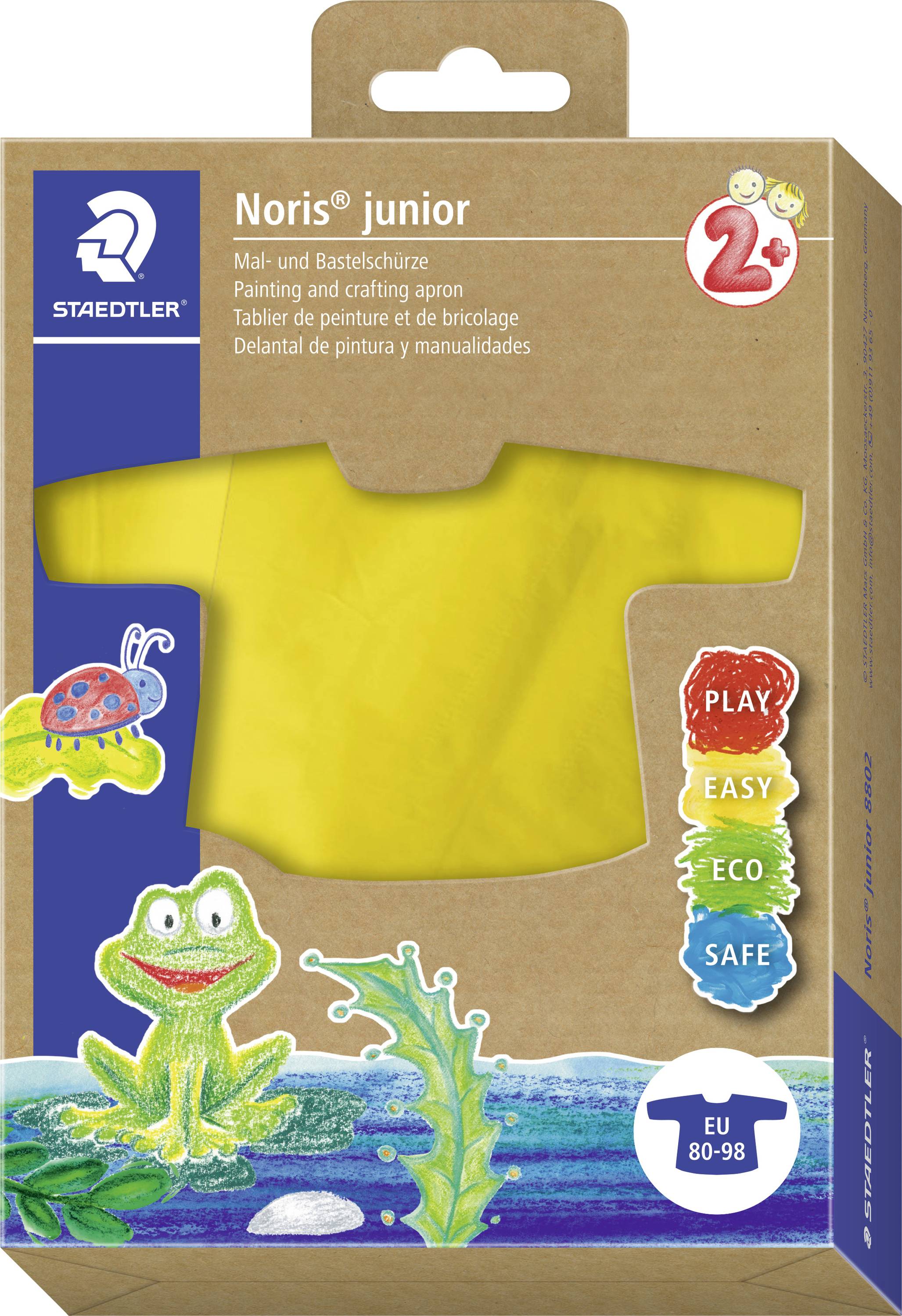 Staedtler Noris junior Mal- und Bastelschürze in einer Box, mit einer gelben kindergerechten Schürze mit Frosch- und Teichmotiven auf der Verpackung.