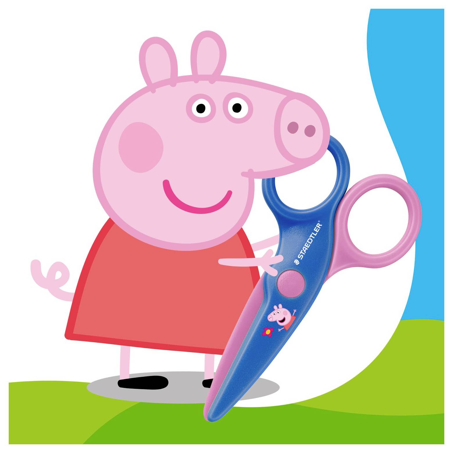 Peppa Pig steht neben blauen Sicherheitsscheren, lächelt und hält sie in einer einfachen pädagogischen Illustration fest.