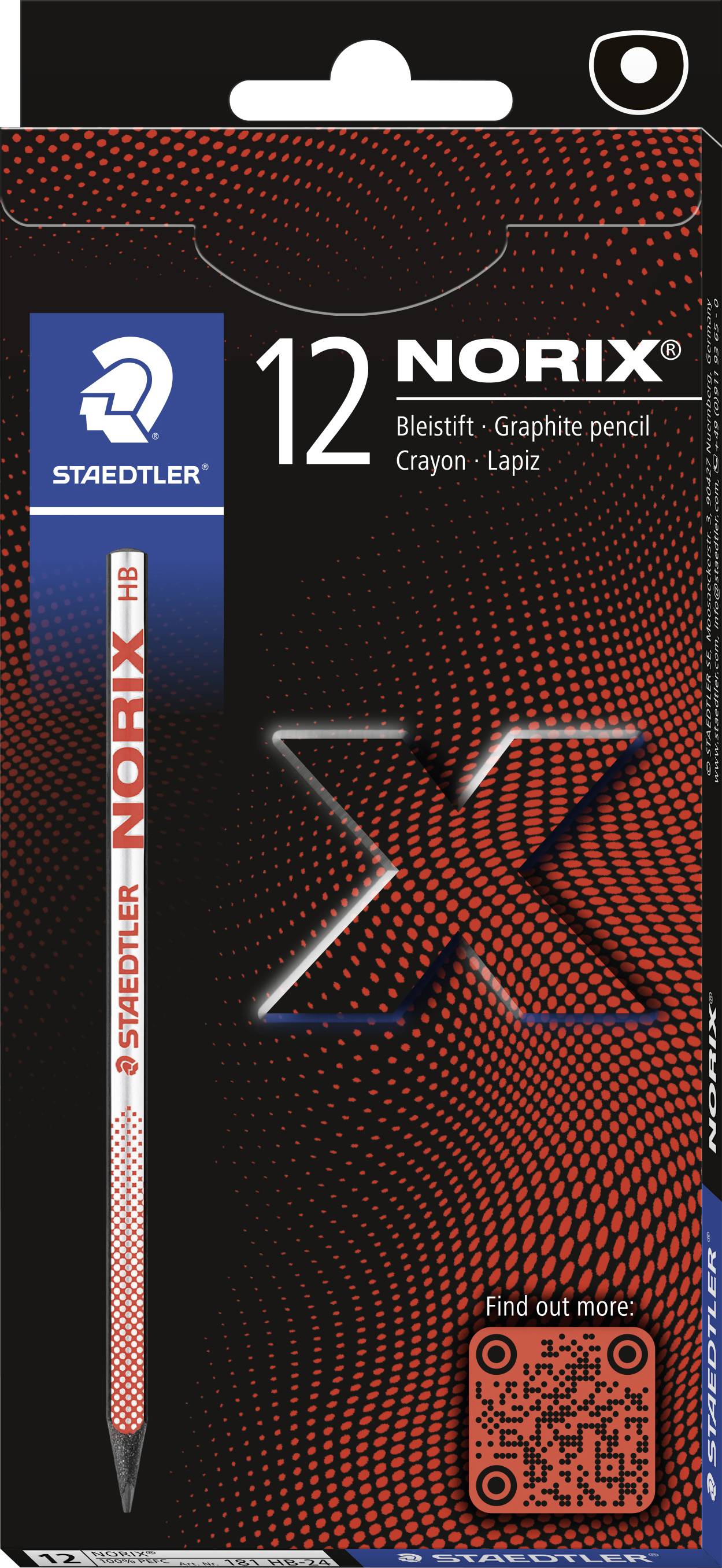 Packung mit 12 STAEDTLER Norix Bleistiften, schwarz-rotes Design mit großer „12