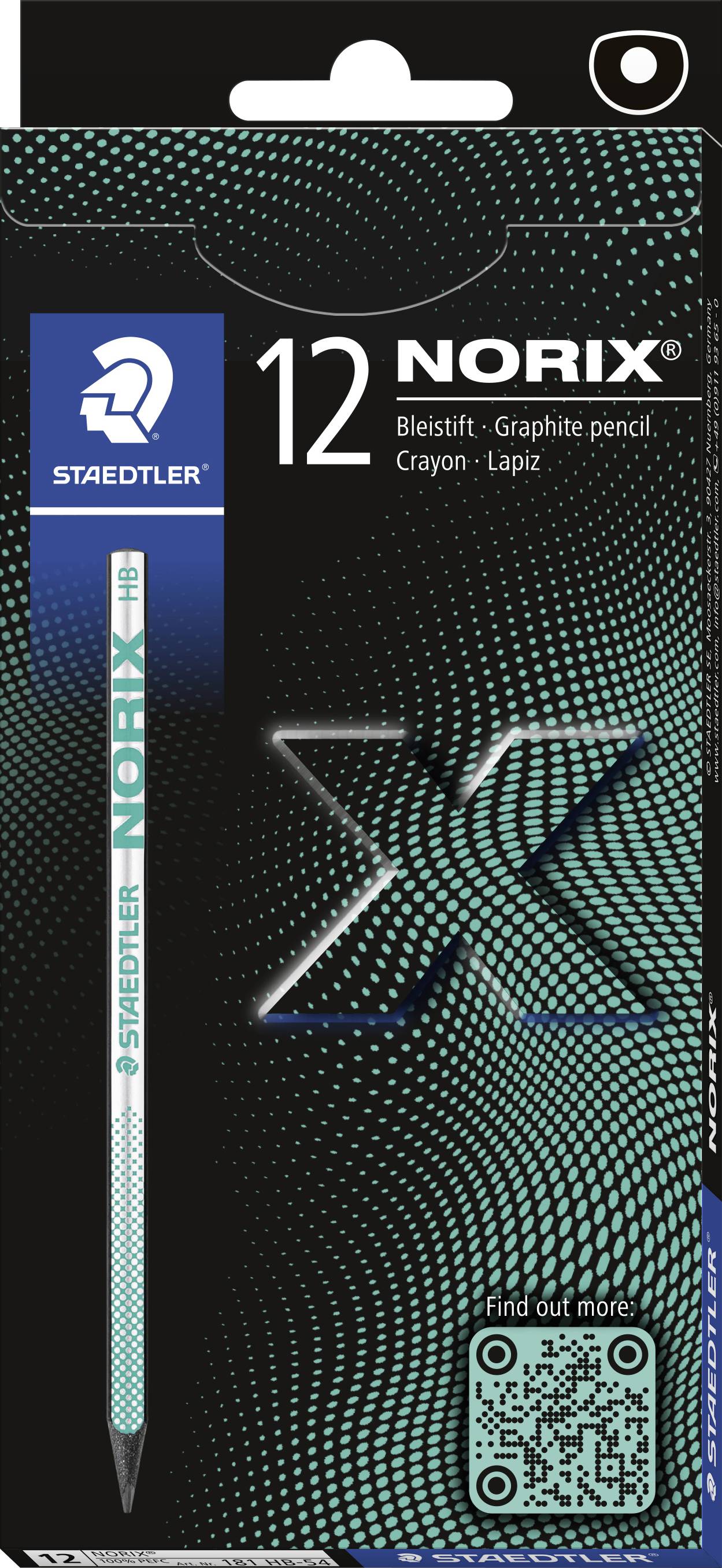 Packung mit 12 Staedtler Norix Graphitstiften, mit einem gezeigten Stift und Produktbranding auf schwarzem und petrolgrünem gemustertem Hintergrund.