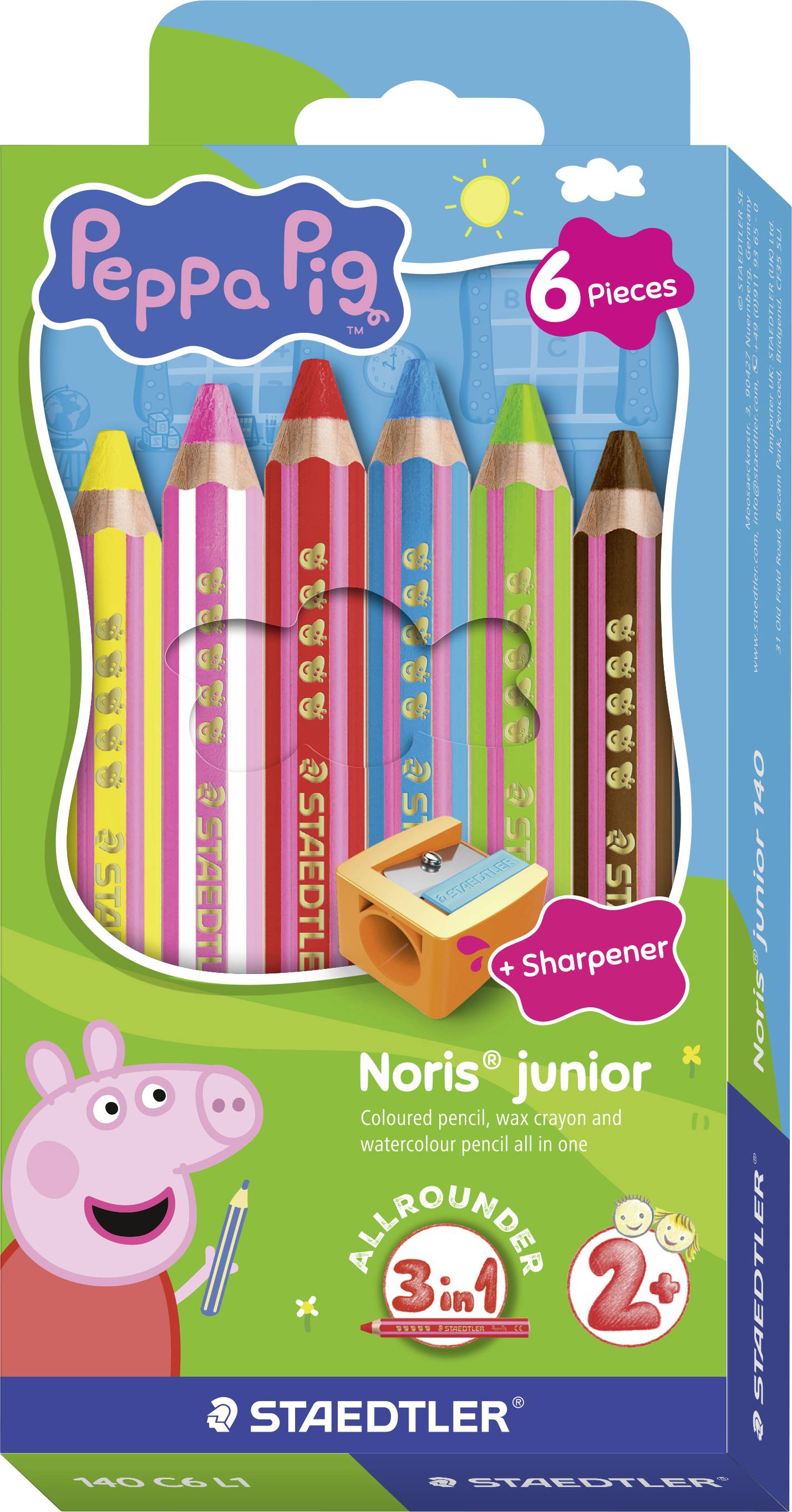 Peppa Pig 6er-Buntstiftset von Staedtler, gezeigt in grüner Verpackung mit sechs Stiften, Spitzer und Peppa-Pig-Charakterkunst.