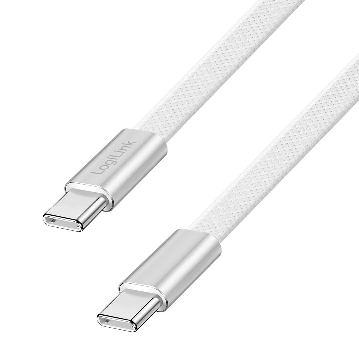 Weißes USB-C-Kabel mit zwei silbernen Steckern, einer mit der Bezeichnung 