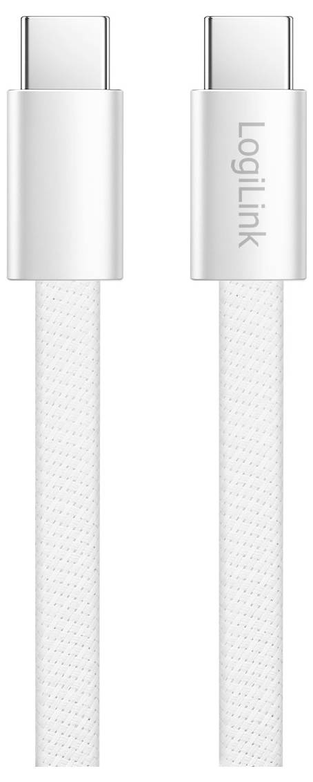 Weißes USB-C-Ladekabel mit geflochtenem Kabel und silbernen Steckern, von vorne und hinten gezeigt mit „LogiLink