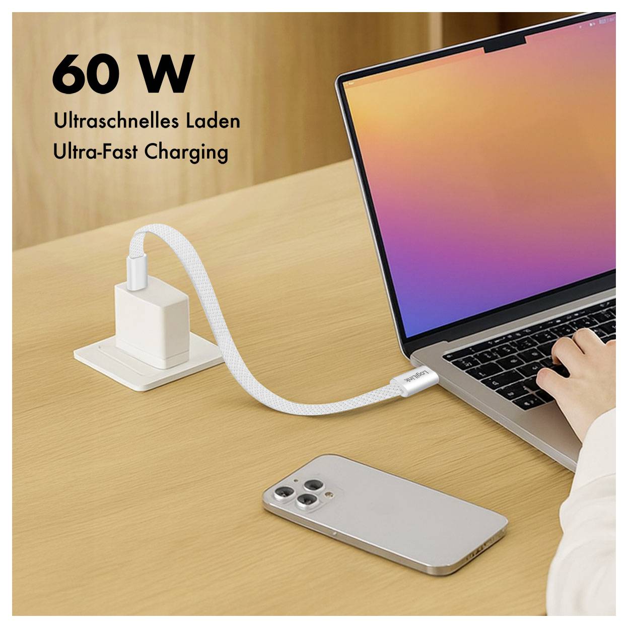 LogiLink USB-C® Kabel USB 2.0 USB-C® Stecker 1m Weiß beidseitig verwendbarer Stecker, Flache Ausführung CU0445