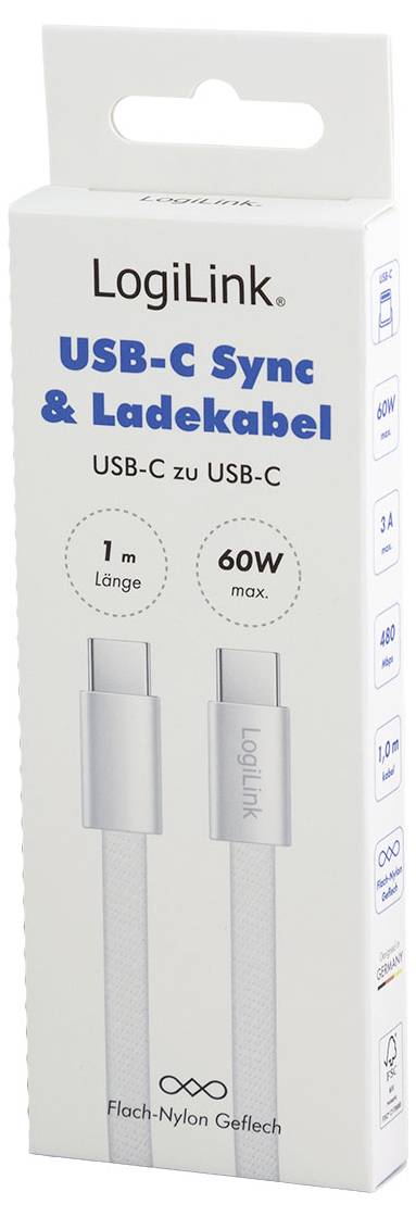 LogiLink USB-C® Kabel USB 2.0 USB-C® Stecker 1m Weiß beidseitig verwendbarer Stecker, Flache Ausführung CU0445