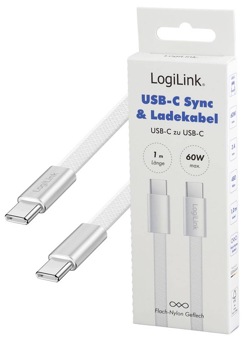 LogiLink USB-C® Kabel USB 2.0 USB-C® Stecker 1m Weiß beidseitig verwendbarer Stecker, Flache Ausführung CU0445