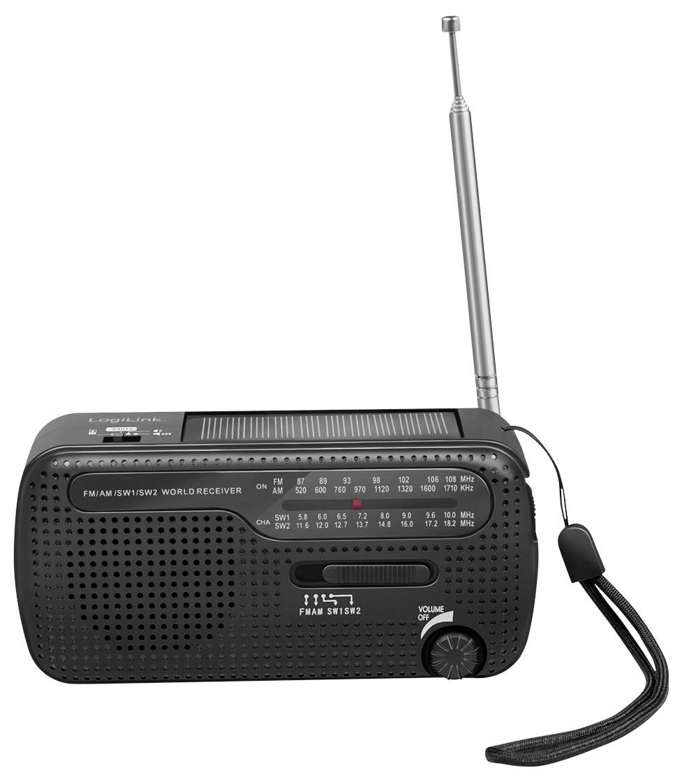 LogiLink SP0074 Notfallradio AM, FM Handkurbel, Solarpanel, Powerbank-Funktion, Taschenlampe, wiederaufladbar Schwarz
