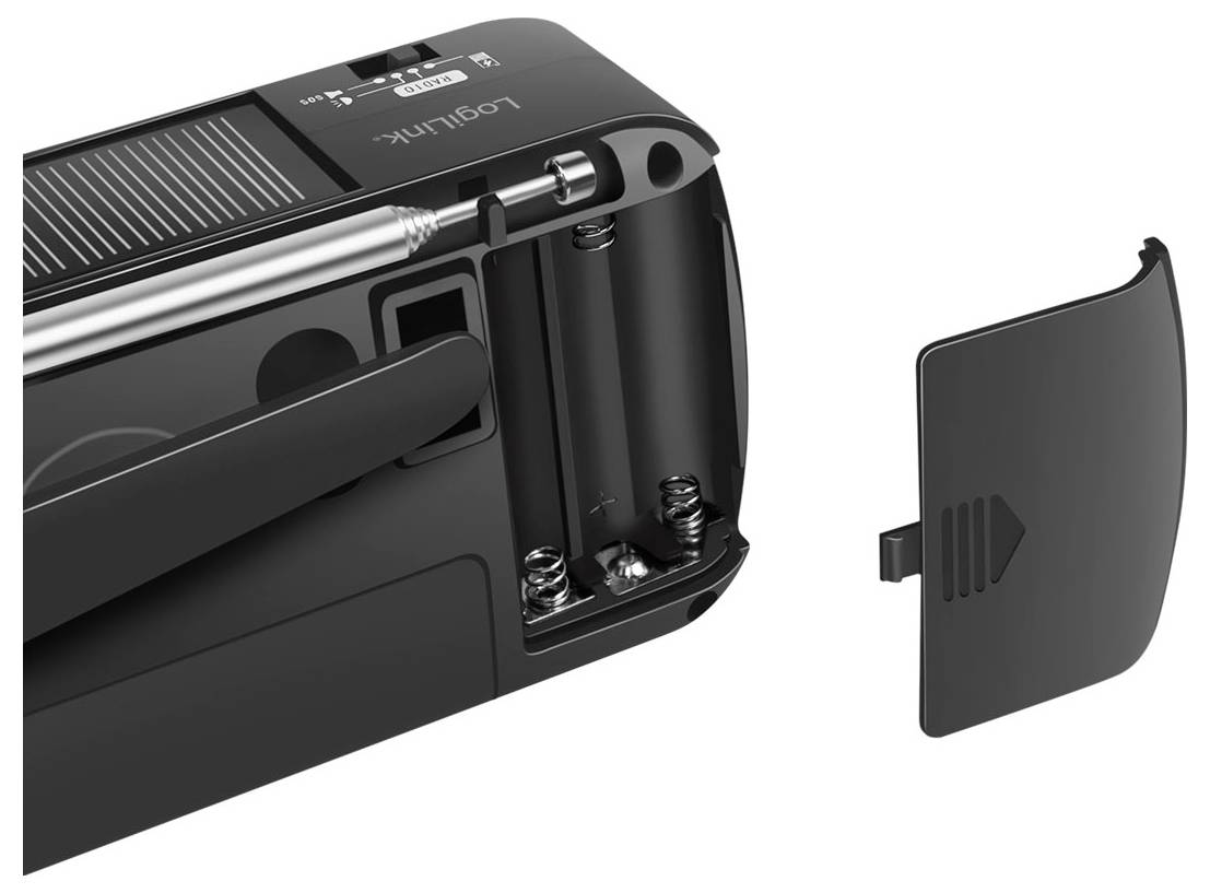 Nahaufnahme eines schwarzen Logitech-Geräts mit sichtbarem Batteriefach mit zwei Federn, während die Batterieabdeckung auf der rechten Seite entfernt ist.