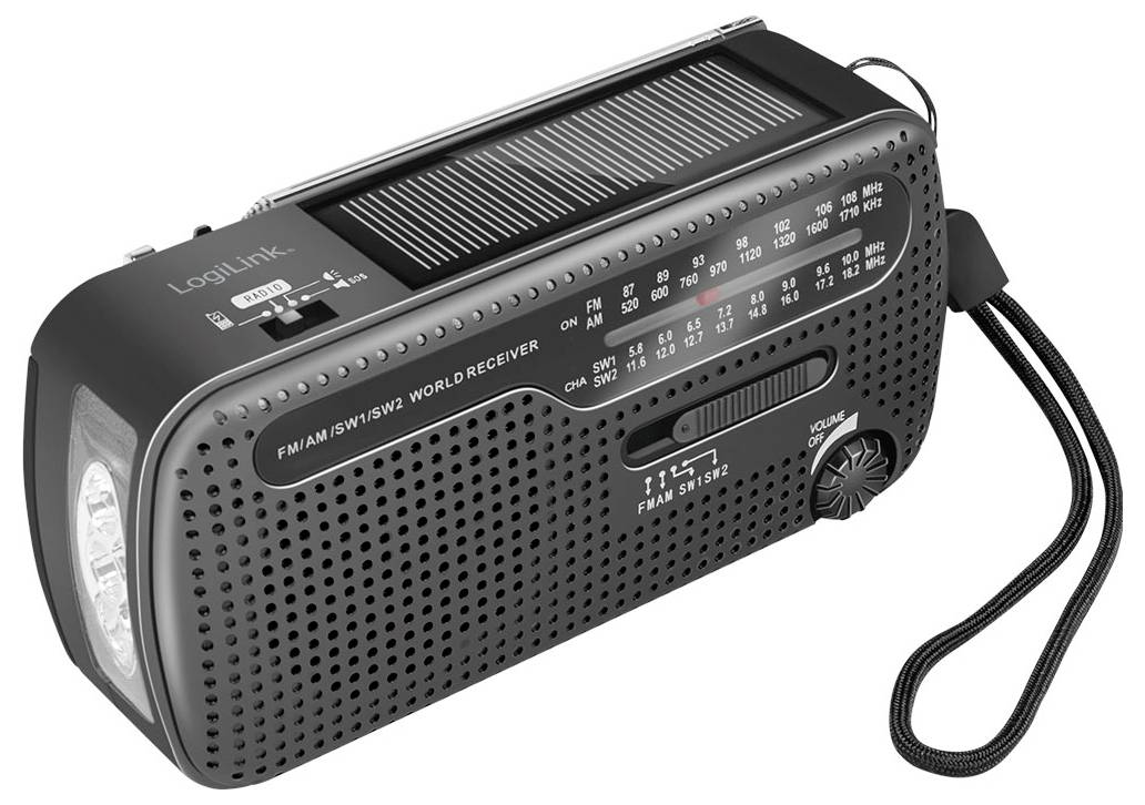 LogiLink SP0074 Notfallradio AM, FM Handkurbel, Solarpanel, Powerbank-Funktion, Taschenlampe, wiederaufladbar Schwarz