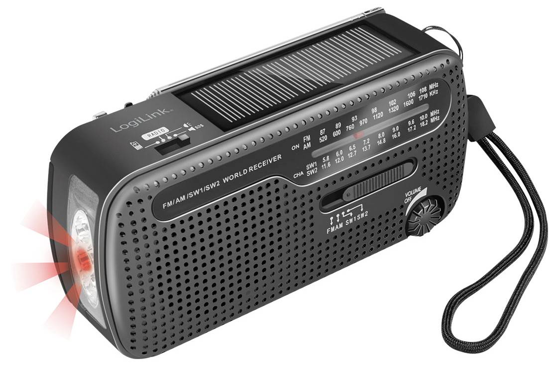 Tragbares schwarzes LogiLink Weltempfänger-Radio mit Antenne, Lautsprechergitter, Abstimmungsanzeige und Handgelenkschlaufe; ein roter Taschenlampenstrahl scheint von vorne.