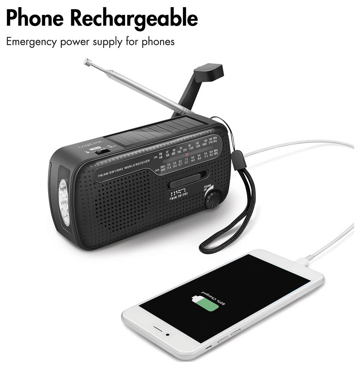 LogiLink SP0074 Notfallradio AM, FM Handkurbel, Solarpanel, Powerbank-Funktion, Taschenlampe, wiederaufladbar Schwarz