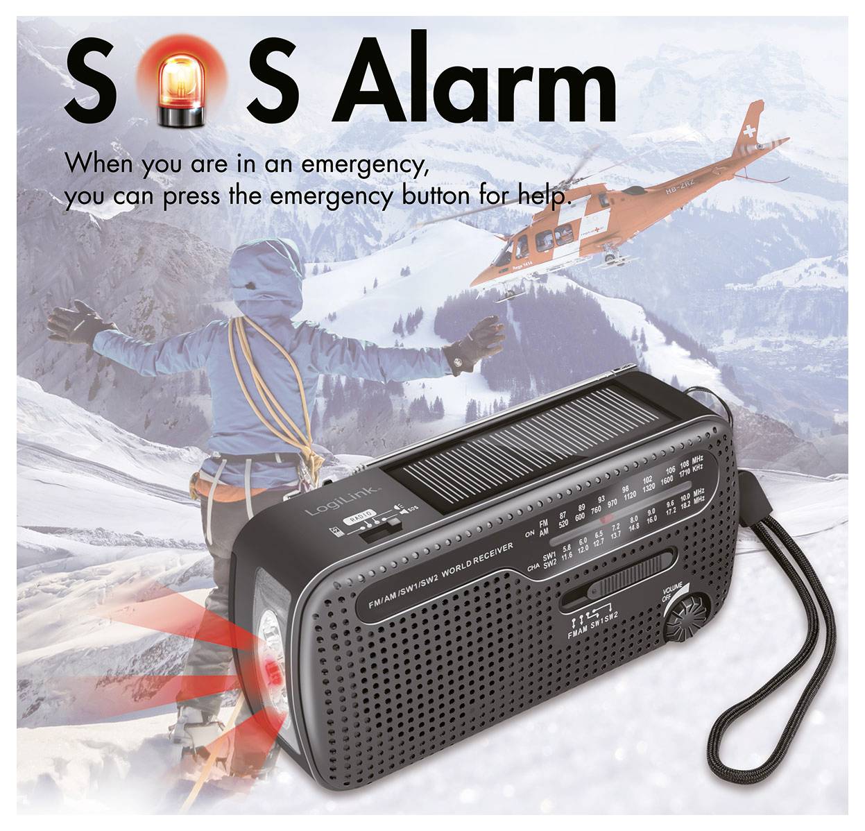 LogiLink SP0074 Notfallradio AM, FM Handkurbel, Solarpanel, Powerbank-Funktion, Taschenlampe, wiederaufladbar Schwarz