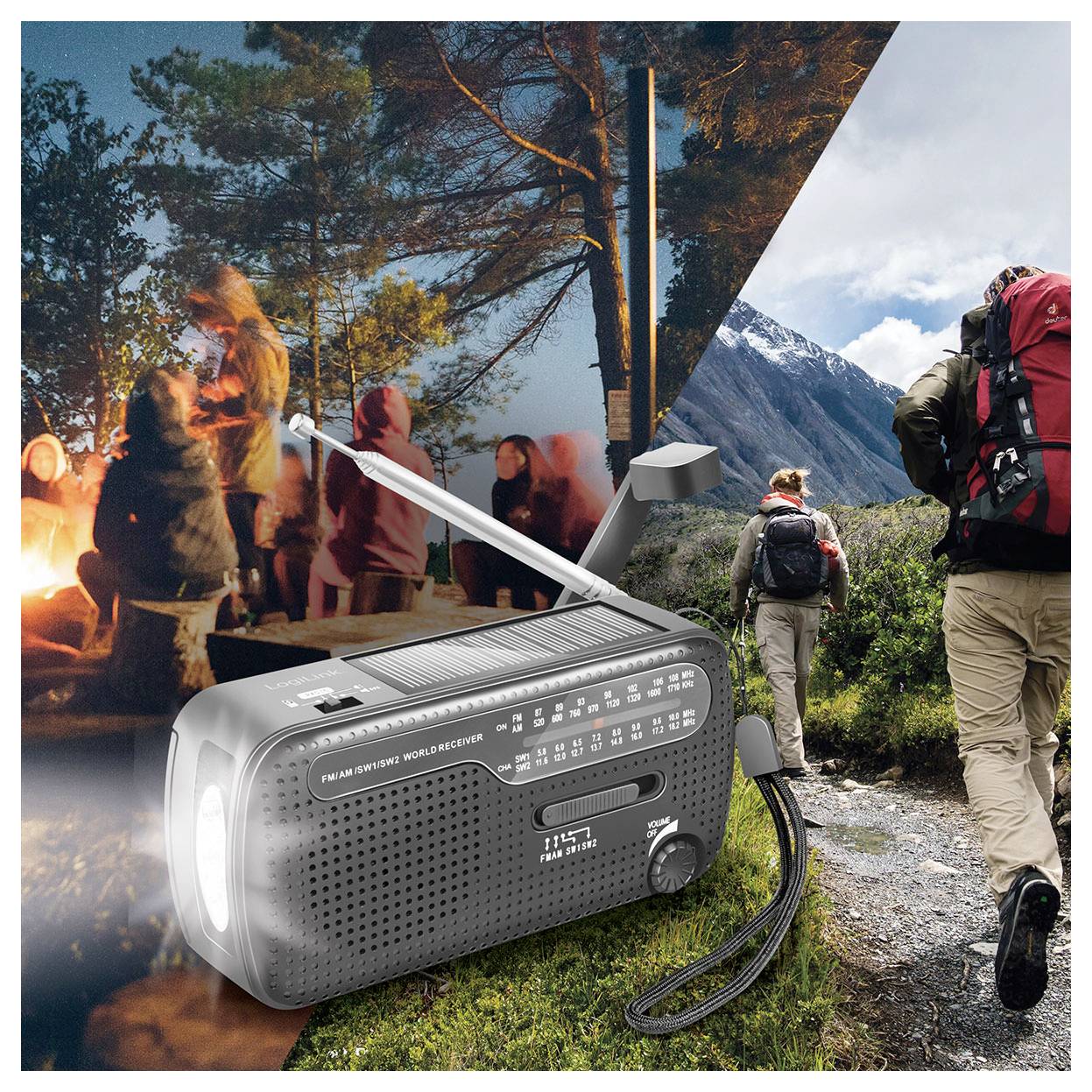 LogiLink SP0074 Notfallradio AM, FM Handkurbel, Solarpanel, Powerbank-Funktion, Taschenlampe, wiederaufladbar Schwarz