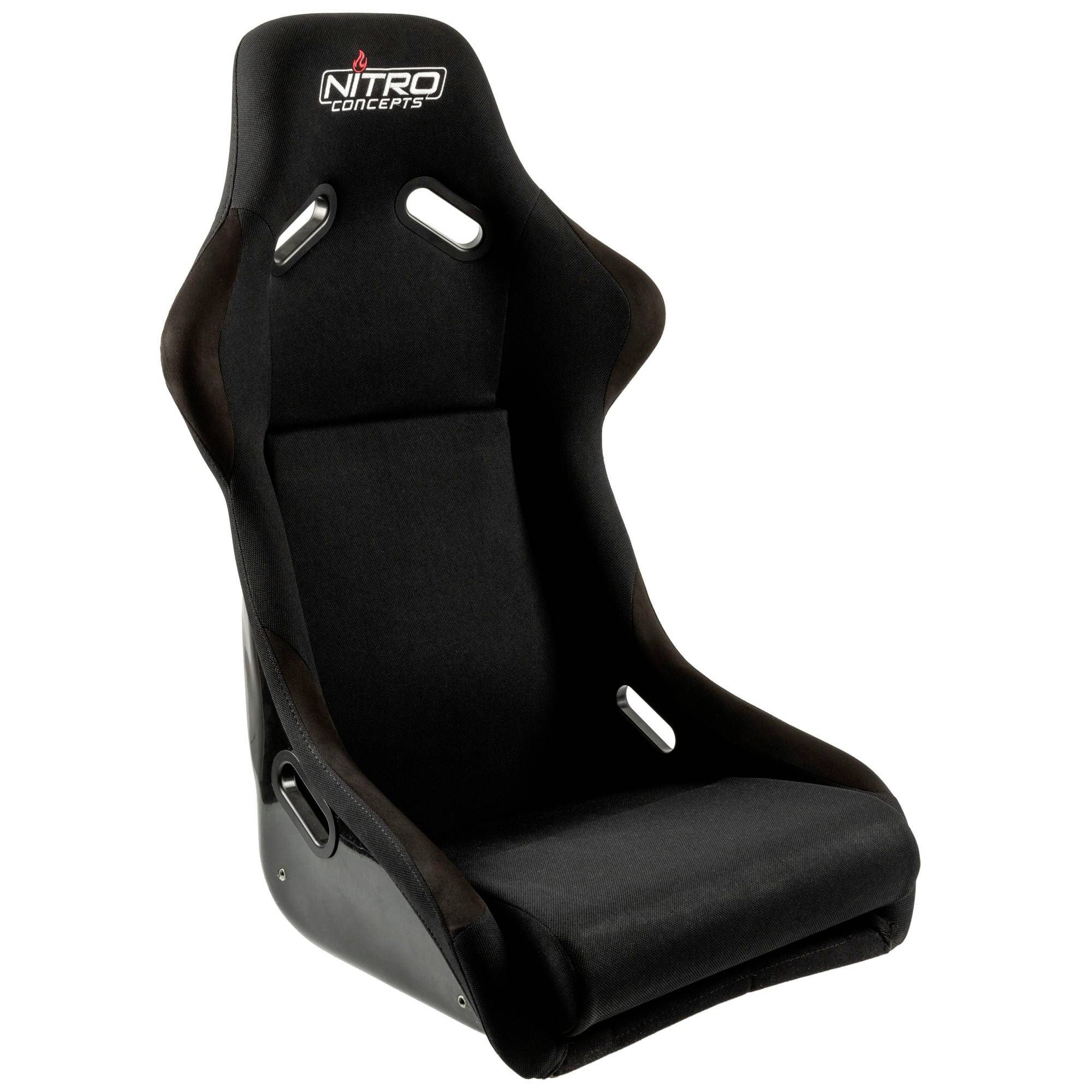 Schwarzer Nitro Concepts Racing-Schalensitz mit Ausschnitten für Sicherheitsgurte, dargestellt auf weißem Hintergrund.