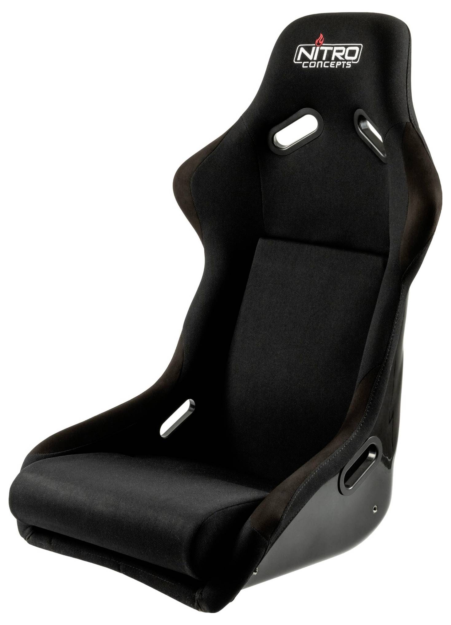 Black Nitro Concepts Rennsitz mit Seitenstützen und Gurtverschlussöffnungen, isoliert auf weißem Hintergrund dargestellt.