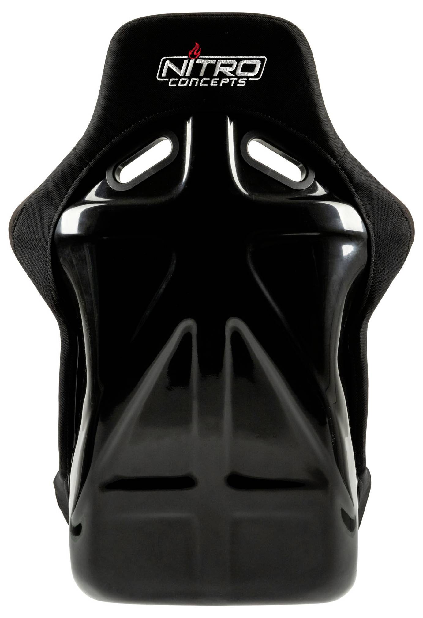 Schwarz Nitro Concepts Rennsitzbuckets mit Gurtverschlüssen, dargestellt in Vorderansicht auf weißem Hintergrund.