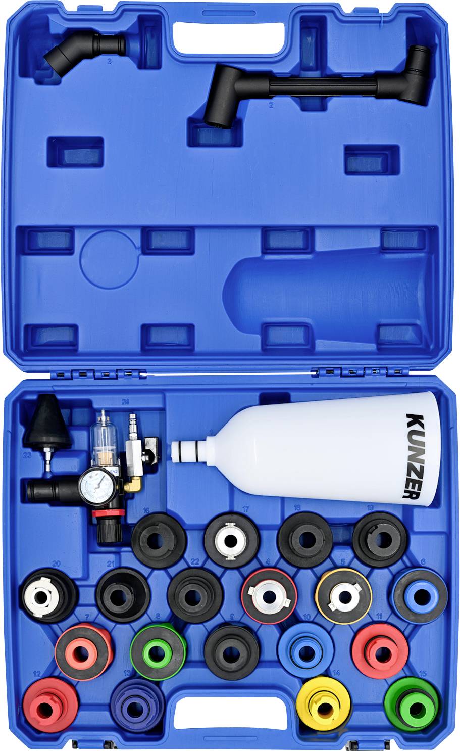 Blaue Kunststoff-Transportbox mit Schaumstoffeinsatz, der ein Kunzer-Reinigungs-/Sprühset mit einer weißen Flasche, Druckanzeige, Beschlägen und mehreren farbigen Adapterringen enthält.