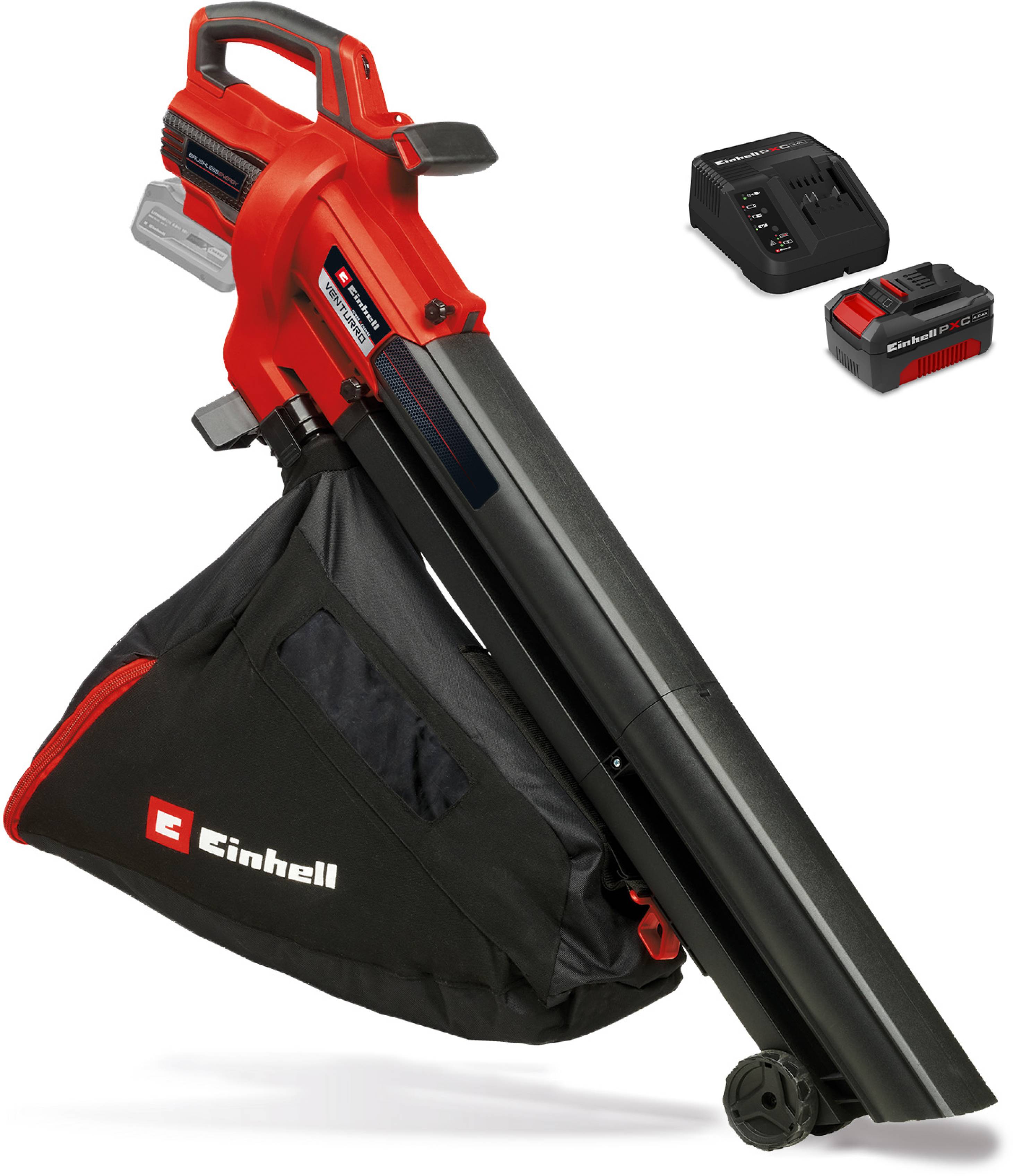 Roter Einhell Akku-Laubgebläse mit Sammelbeutel, gezeigt mit Akku und Ladegerät.