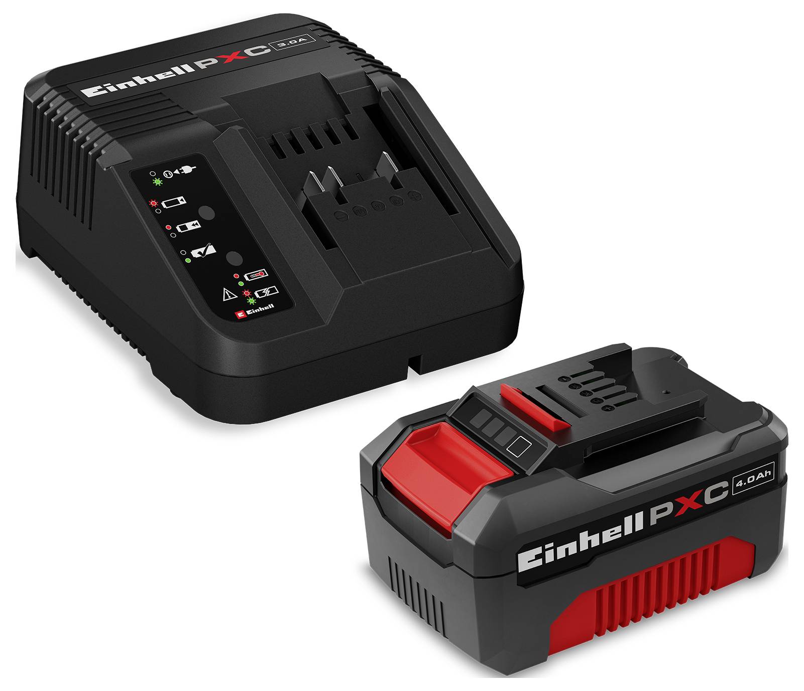 Einhell Power X-Change Batterieladegerät und 4.0Ah Lithium-Ionen-Akkupack auf weißem Hintergrund.